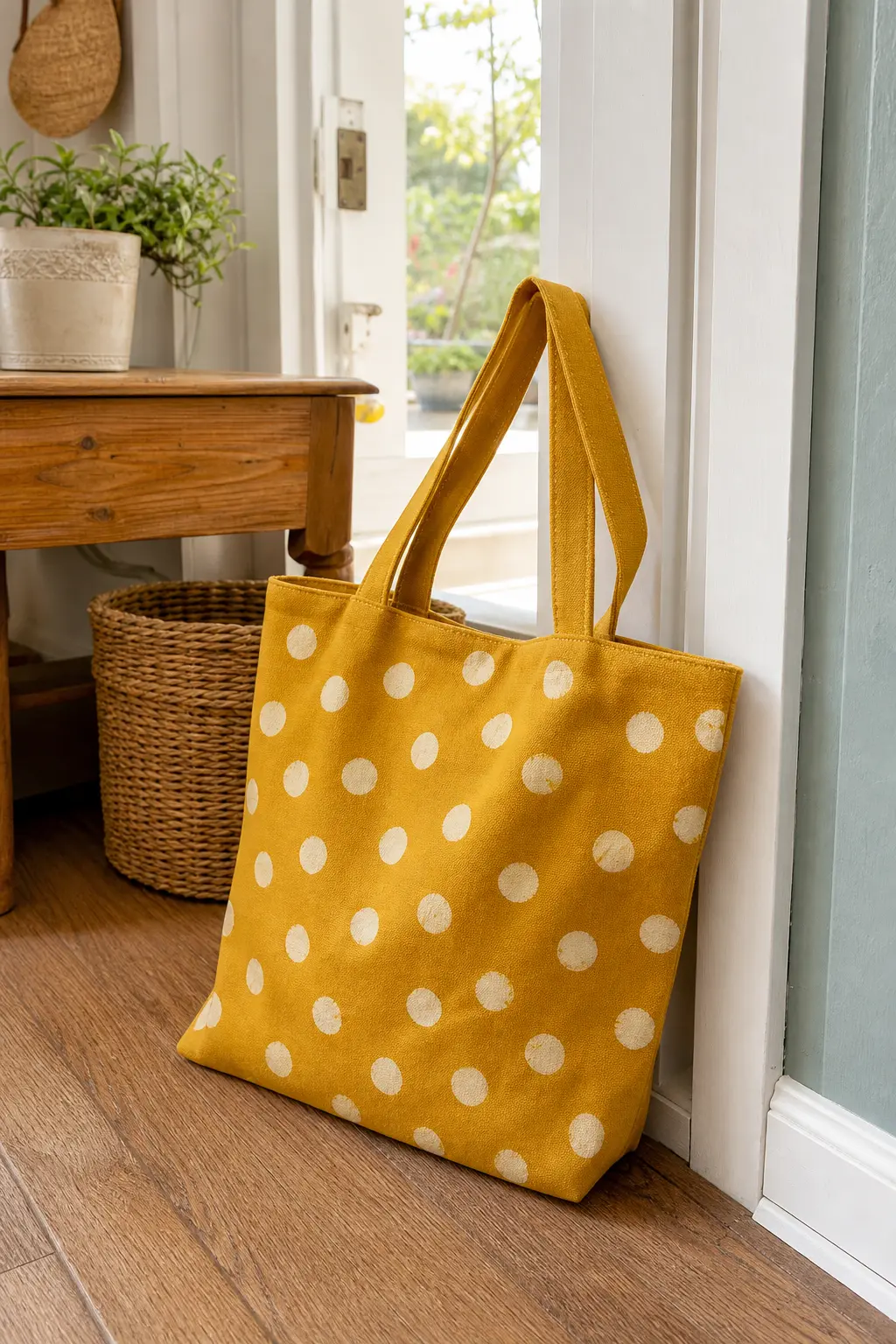Polka Dot Scatter Tote — A pencil eraser dipped in cream fabric paint stamps loose, uneven dots across a mustard yellow canvas bag. Tote bag painting ideas easy