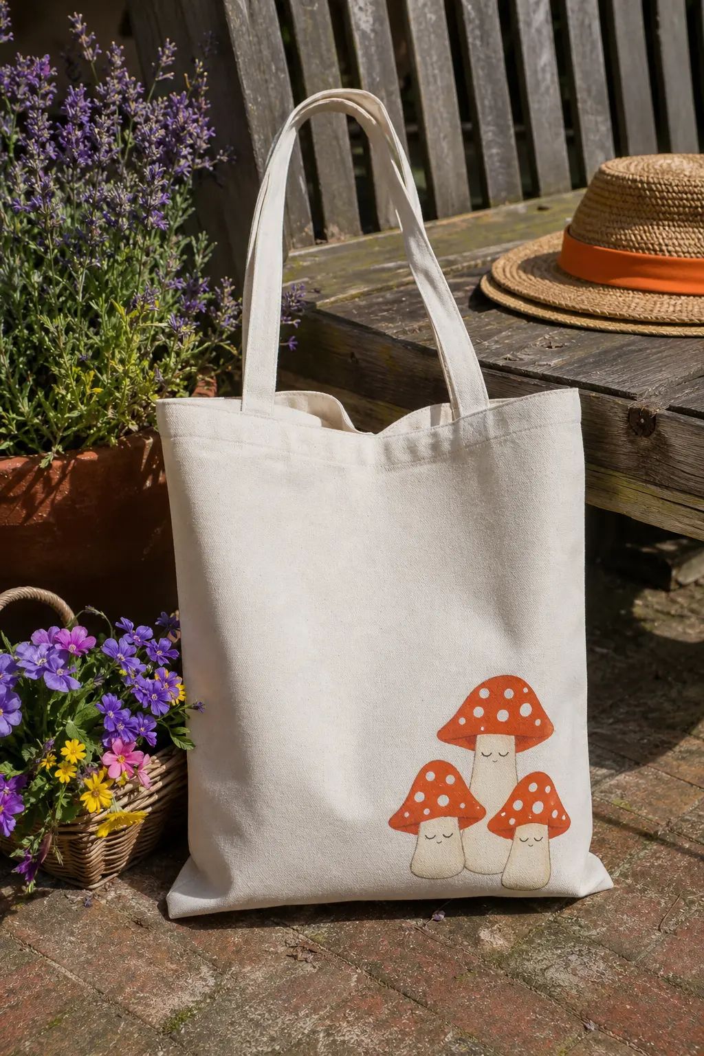 Sleepy Mushroom Trio Tote — Three toadstools of different heights, capped in terracotta with cream spots and closed, sleepy eyes, cluster in one bottom corner