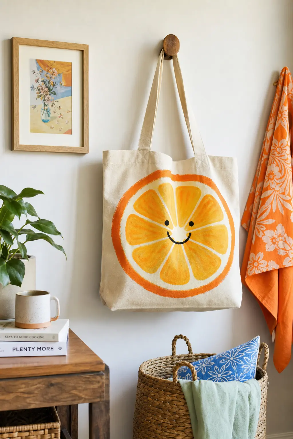 Smiling Citrus Slice Tote — A single orange slice, painted whole and facing forward, gets two dot eyes and a curved smile in white fabric paint. Tote bag