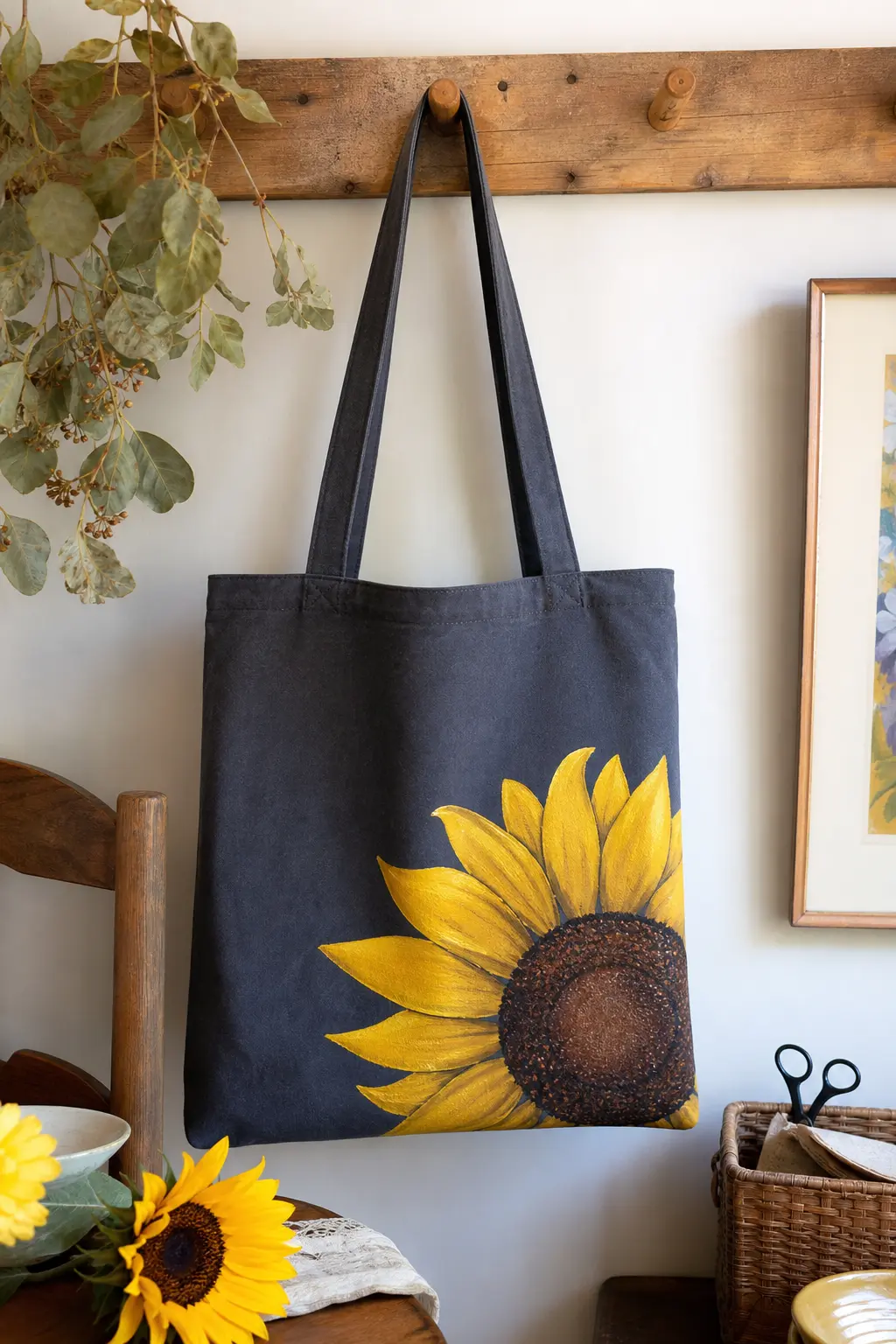 Sunflower Corner Tote — One oversized sunflower, petals in mustard yellow and a deep brown centre dotted with tiny marks, blooms from one bottom corner of a