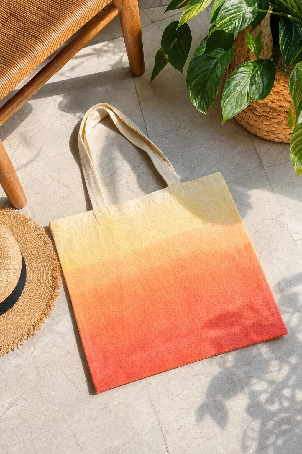 Sunset Ombre Wash Tote — A wide brush blends one colour from dark to light across the bag, starting with saturated paint at the bottom and lightening it