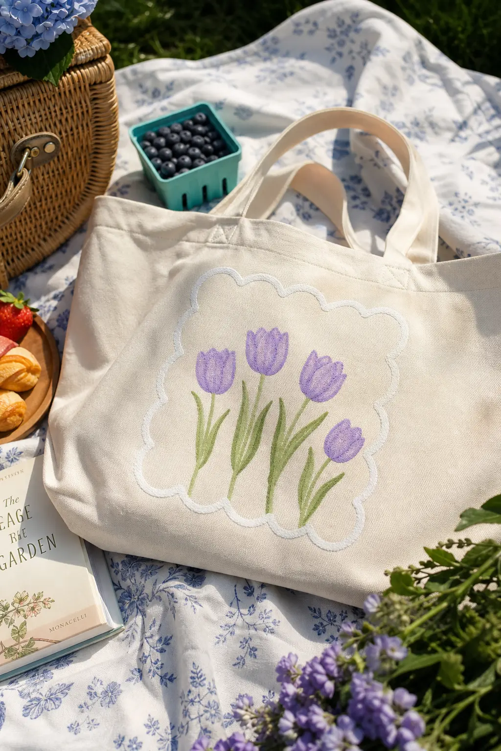 Tulip Field Stamp Tote — Paint a scalloped rectangle border in white fabric paint first, let it dry, then fill the frame with five simple lilac tulip shapes on
