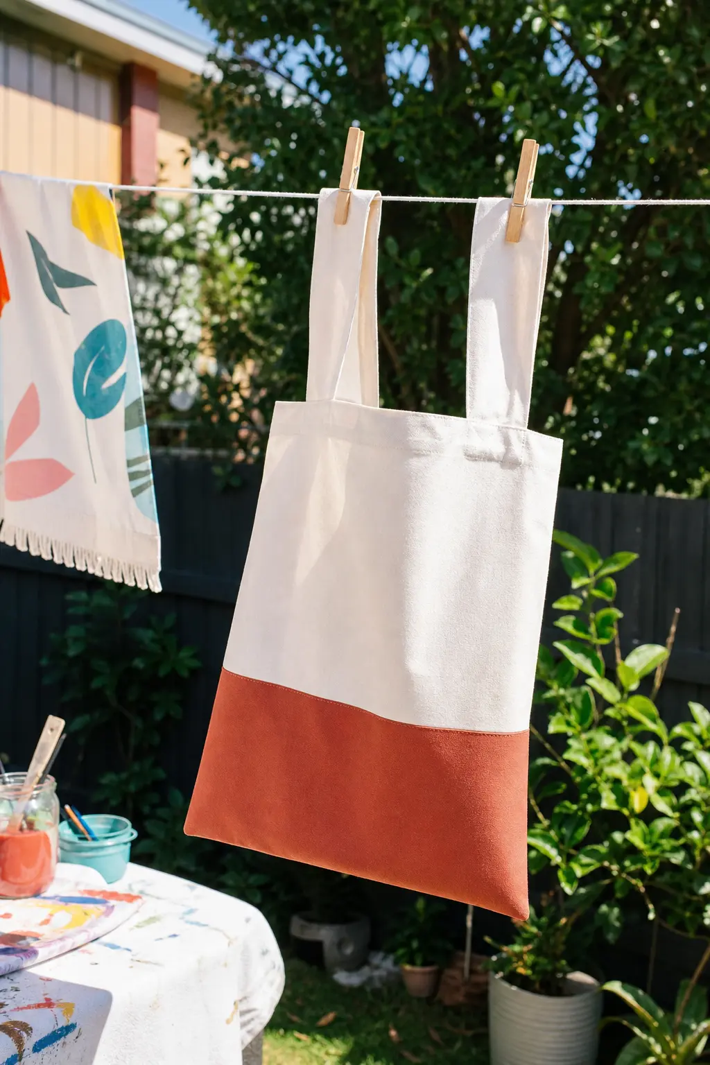 Two-Tone Colour Block Bottom Tote — Painter's tape marks a straight line roughly a third of the way up a cream canvas bag, and a flat brush fills everything