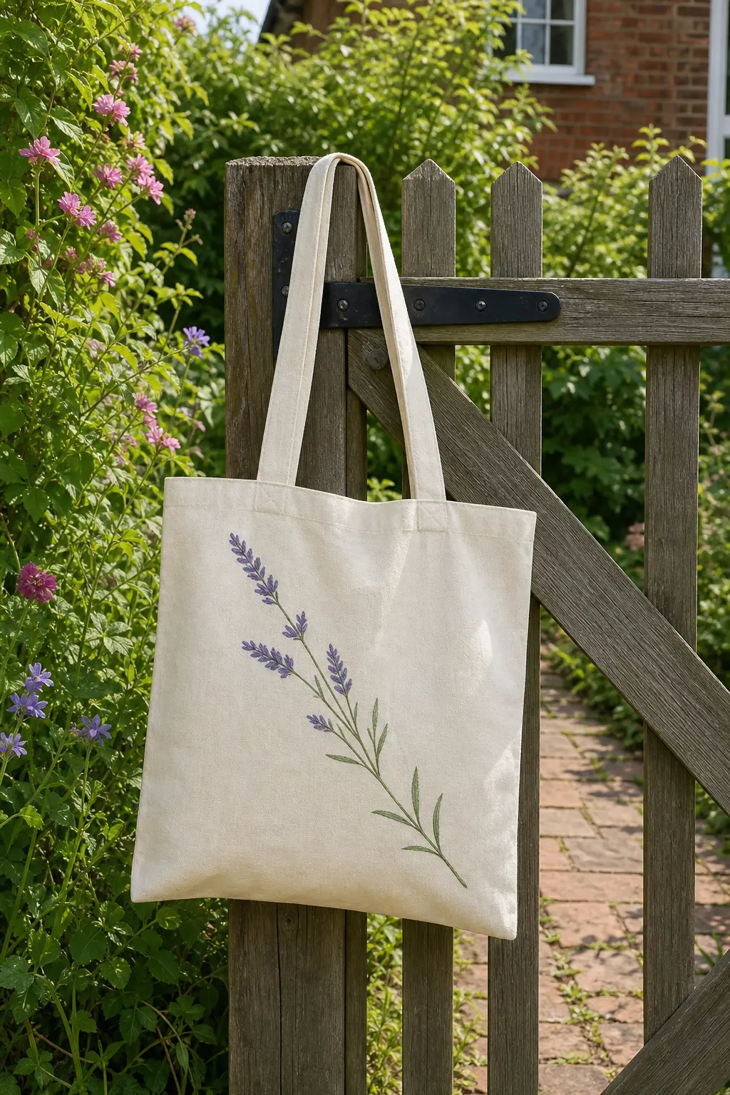 Wildflower Sprig Tote — A single loose sprig of lavender-coloured wildflowers on a sage green stem runs diagonally across a natural canvas bag, kept to just