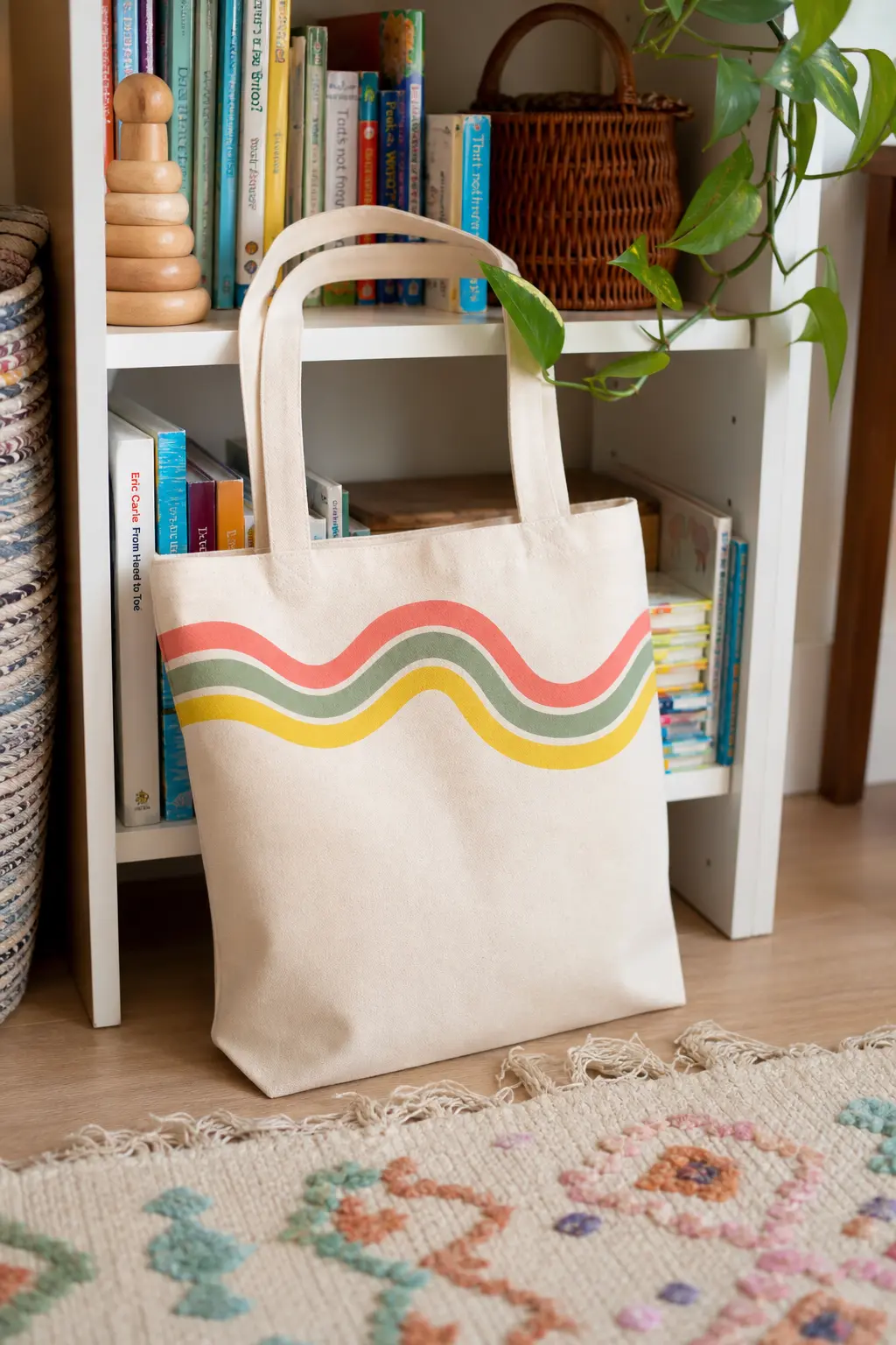 Zigzag Rainbow Arc Tote — Three thin nested arcs, coral, sage green, and butter yellow, curve across the top third of a natural canvas bag like a soft rainbow