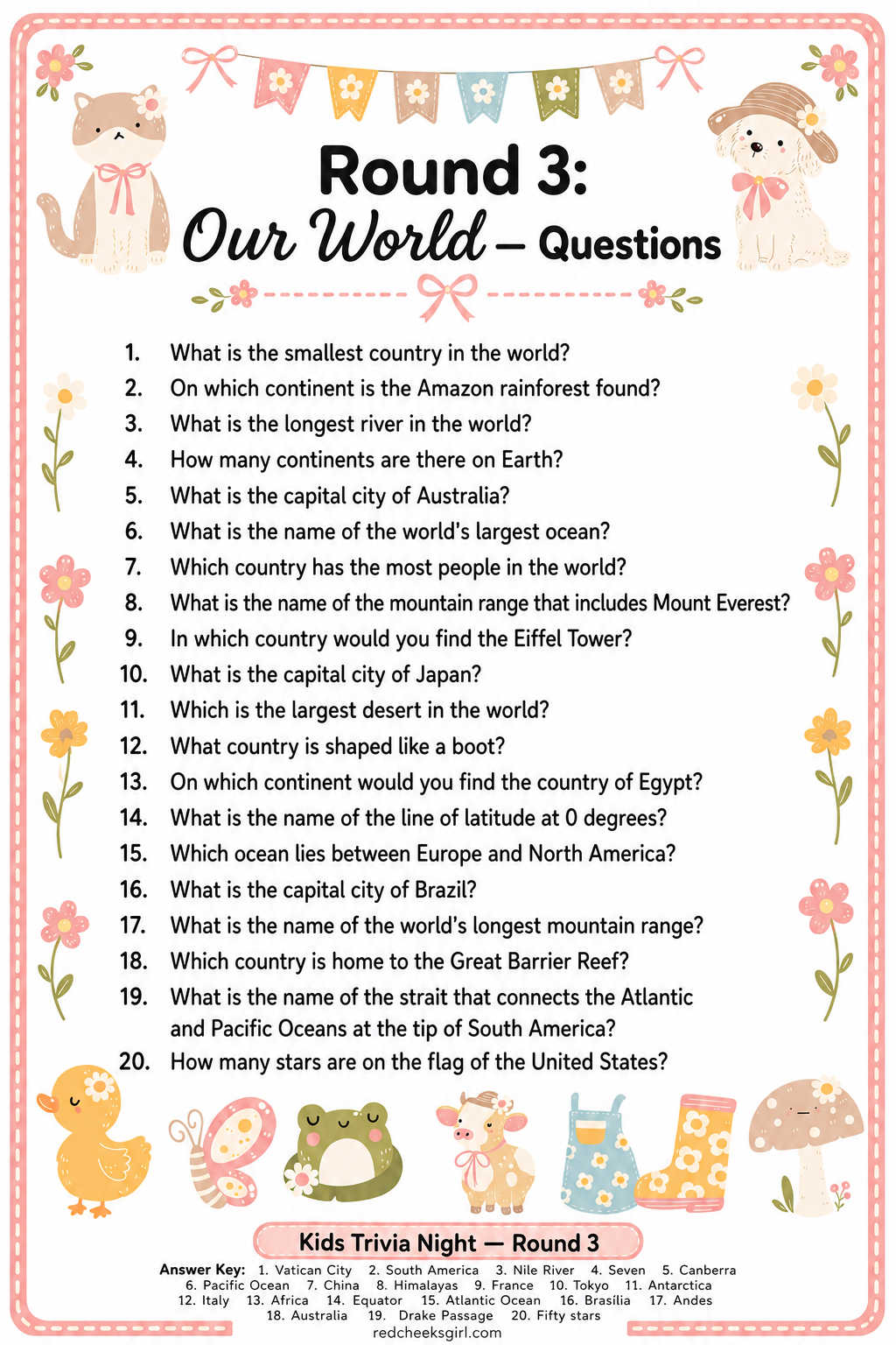 Round 3: Our World Questions Sheet printable
