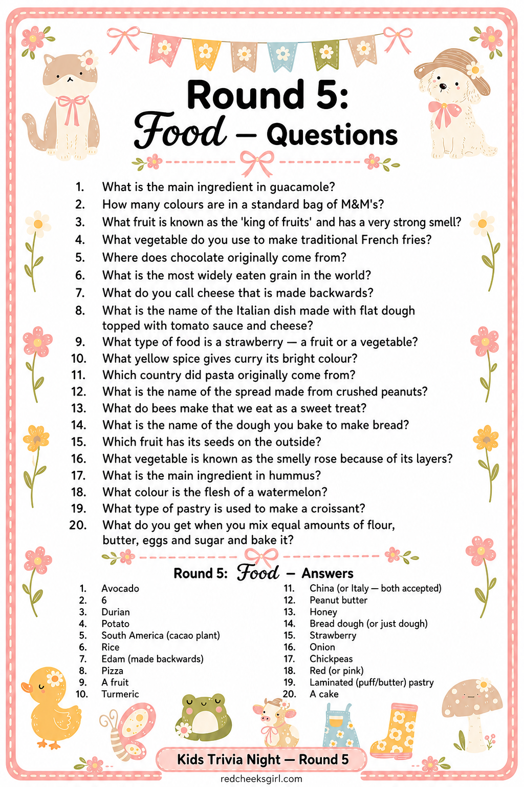 Round 5: Food Questions Sheet printable