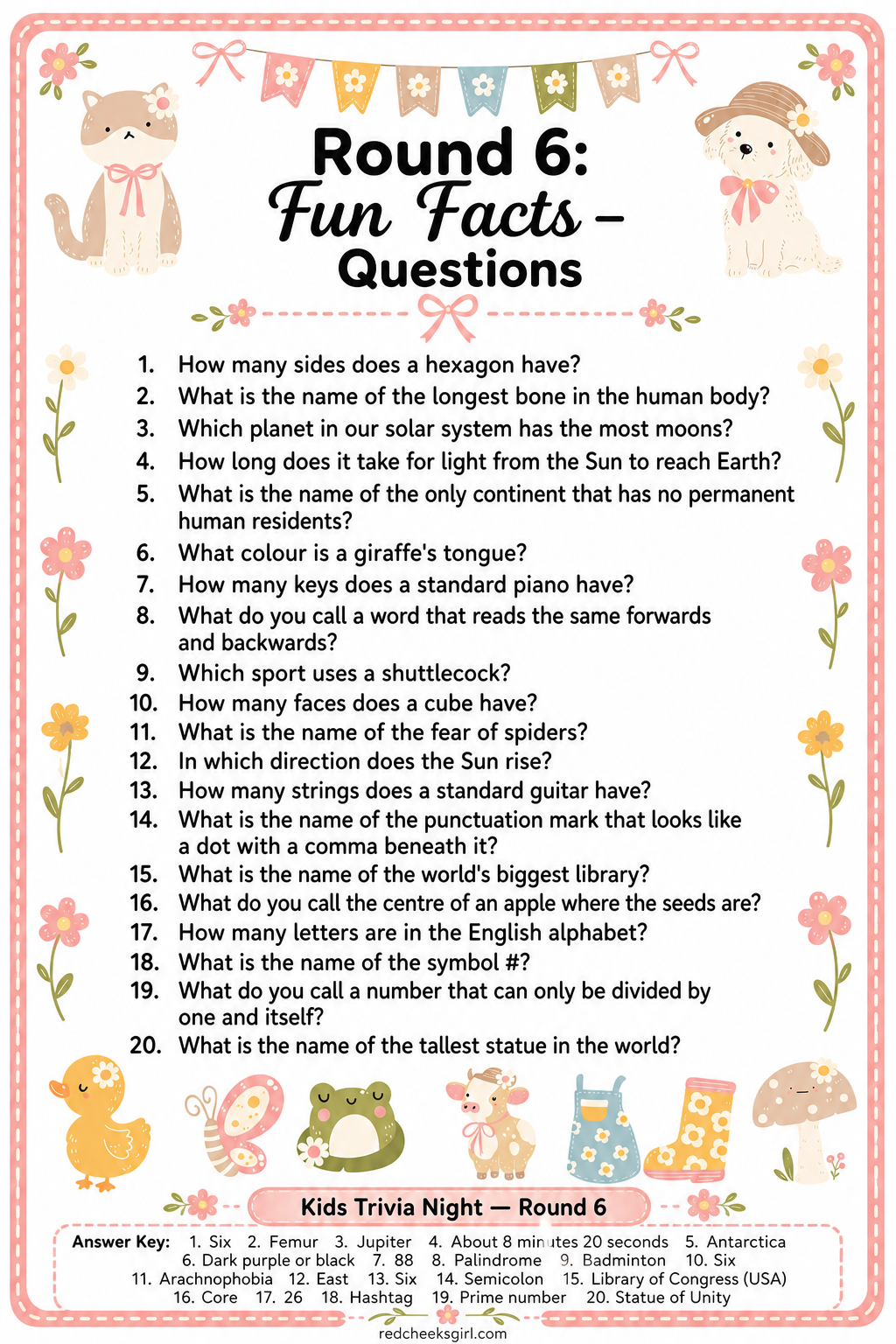 Round 6: Fun Facts Questions Sheet printable