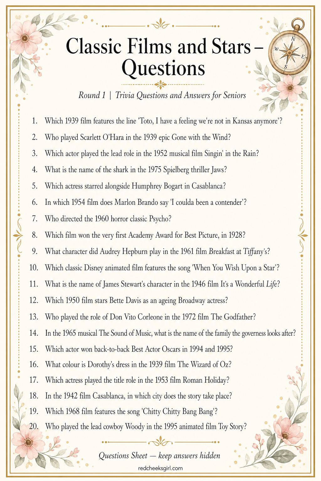 Classic Films and Stars Questions printable