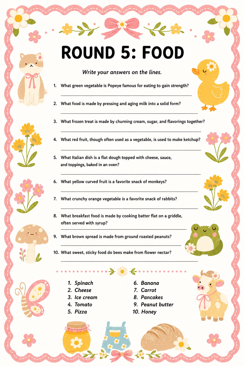 Round 5: Food Answer Key printable