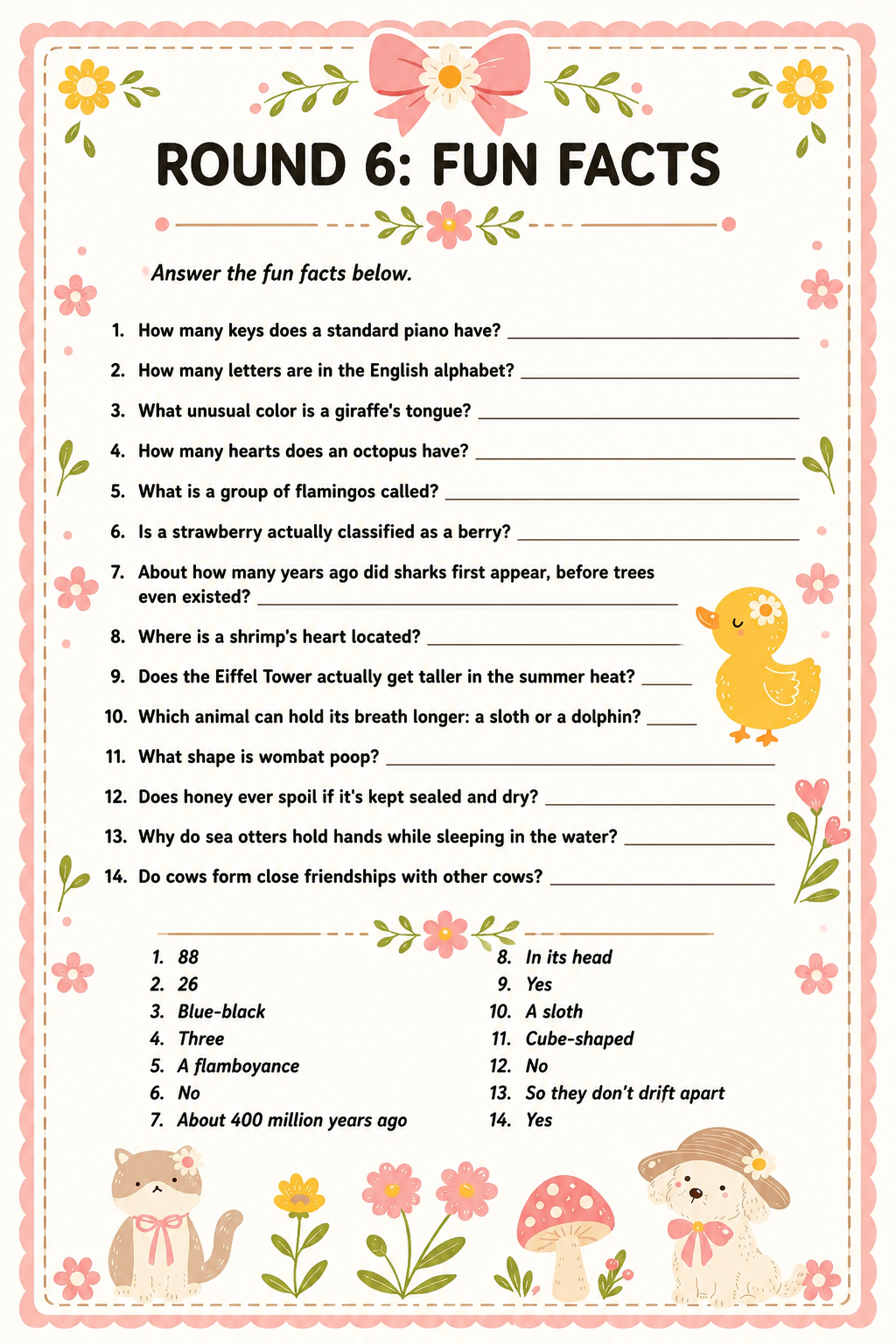 Round 6: Fun Facts Answer Key printable