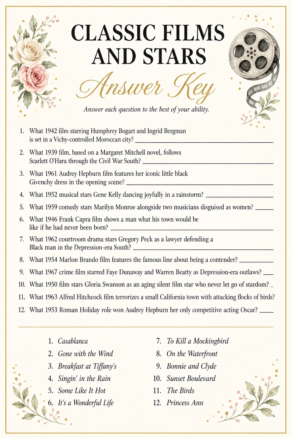 Classic Films and Stars Answer Key printable