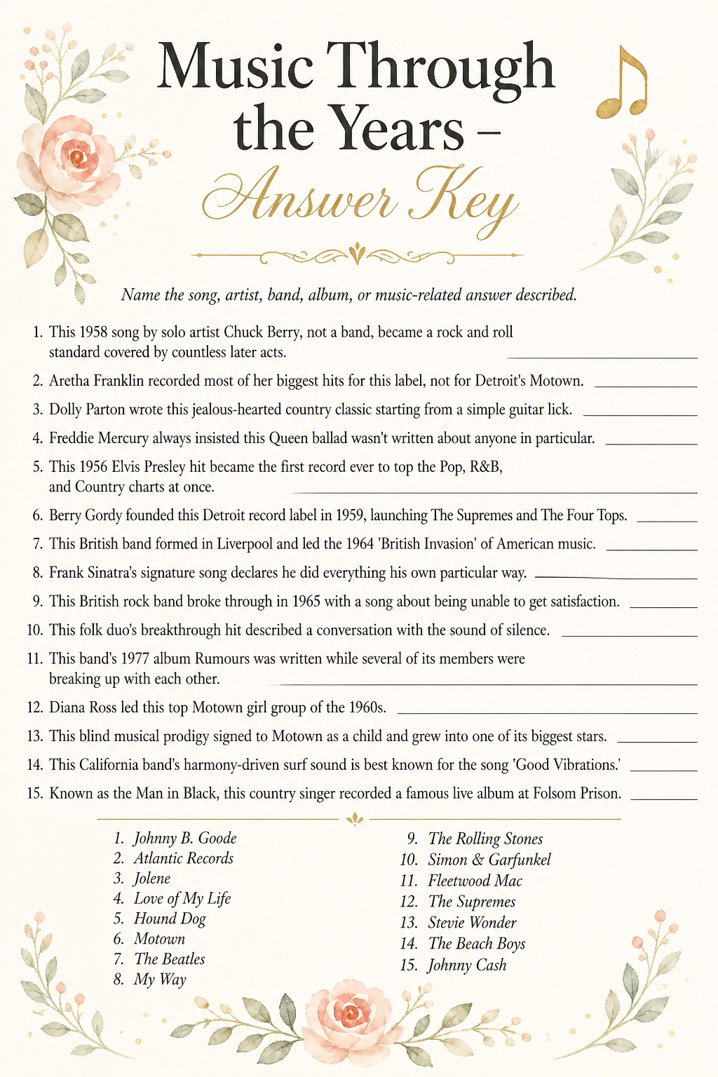 Music Through the Years Answer Key printable