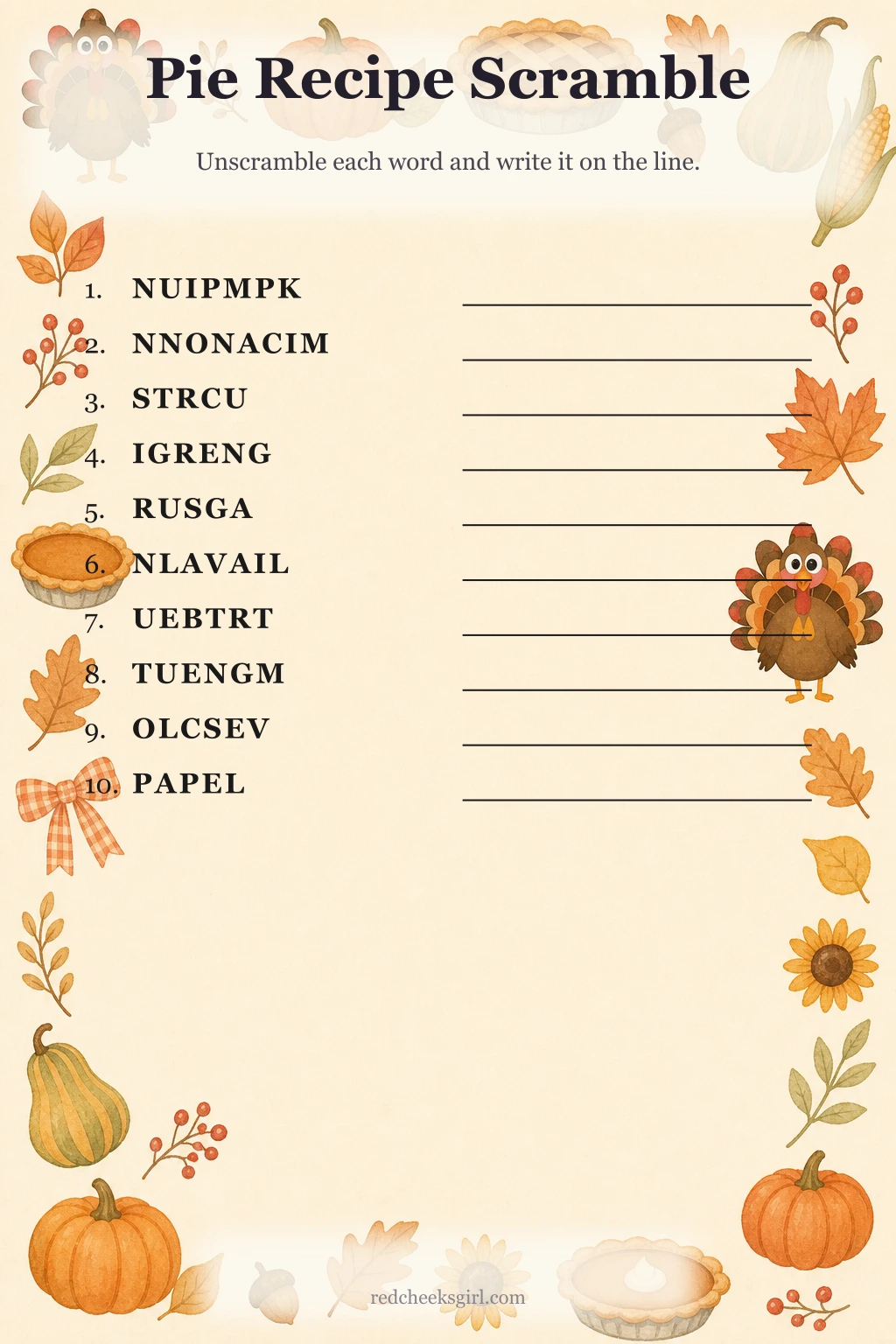 Pie Recipe Scramble printable