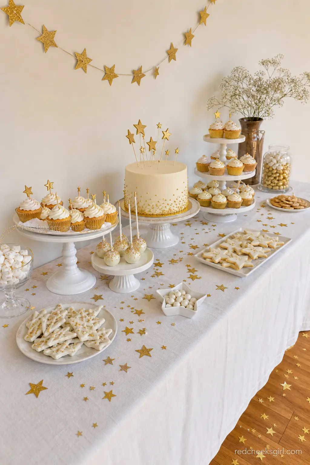 Celestial Dessert Table — An ivory linen table scattered with gold star confetti and framed by a small hanging garland turns the sweets into the centerpiece.