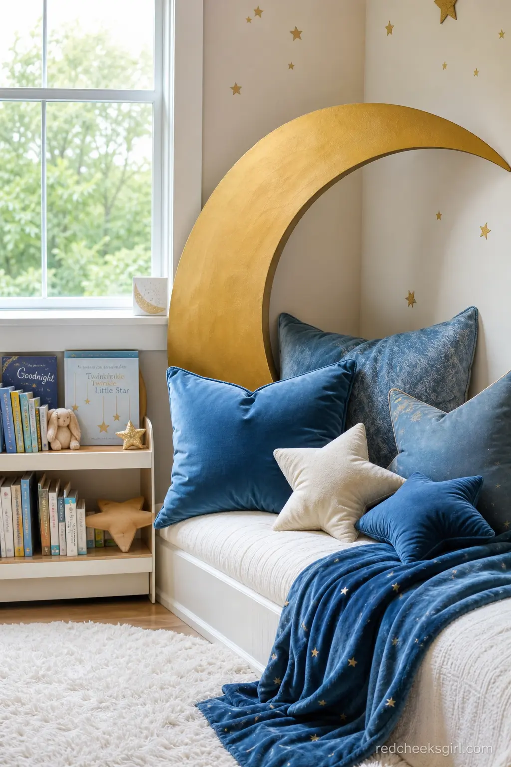 Crescent Moon Reading Nook — A cushioned nook with soft blue velvet pillows and a large gold crescent moon leaning against the wall gives the shower a spot