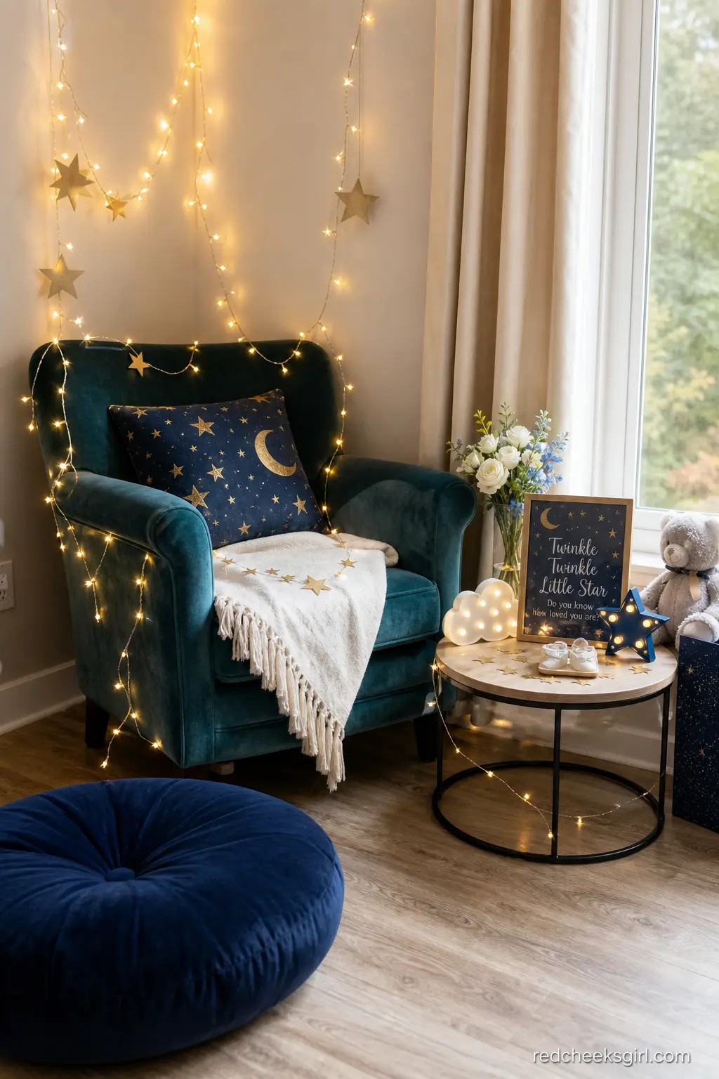 Fairy Light Night Sky Corner — One quiet corner draped in warm fairy lights over a teal chair gives guests a place to sit that still matches the theme. Twinkle