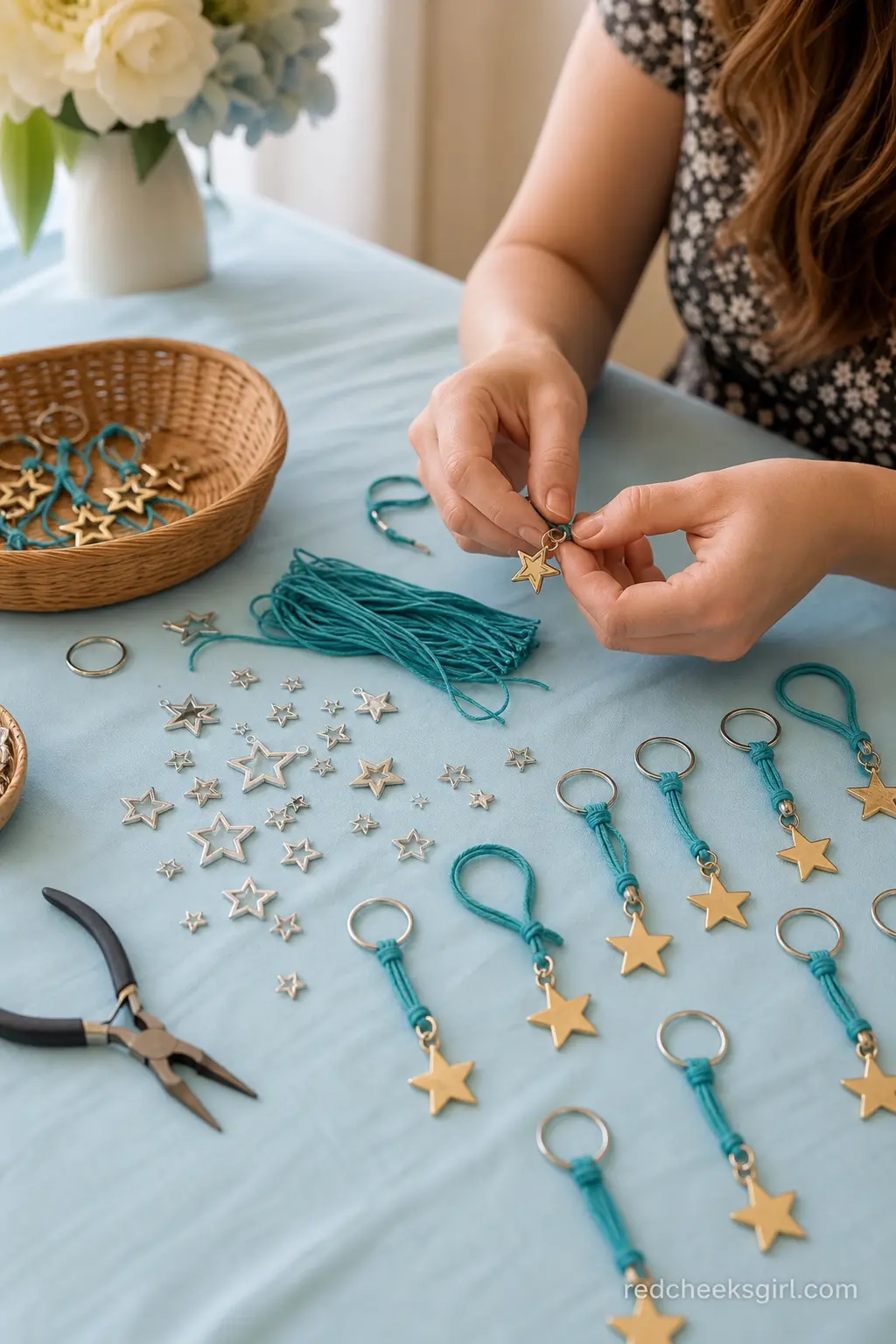 Gold Star Keychain Craft Table — A craft table scattered with silver star charms and teal cord lets guests build their own keychain to take home. Twinkle