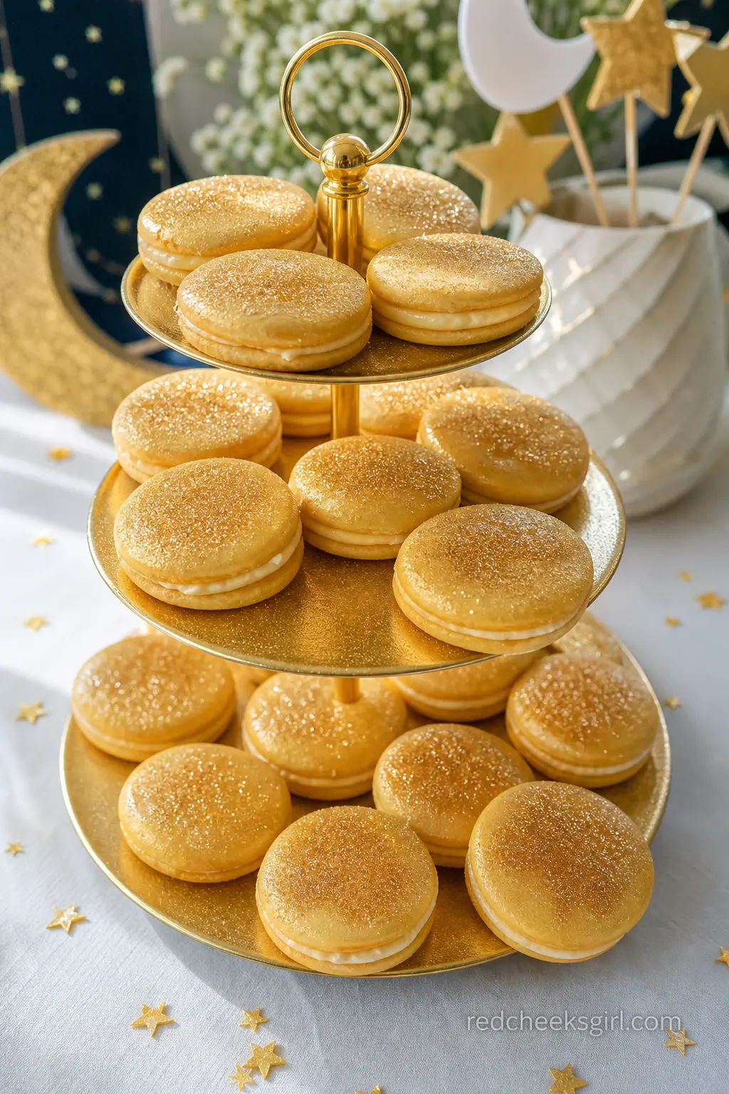 Moon Pie Dessert Stand — Golden moon pies dusted with edible glitter and stacked on a tiered stand are a low effort, high impact addition to the sweets table.