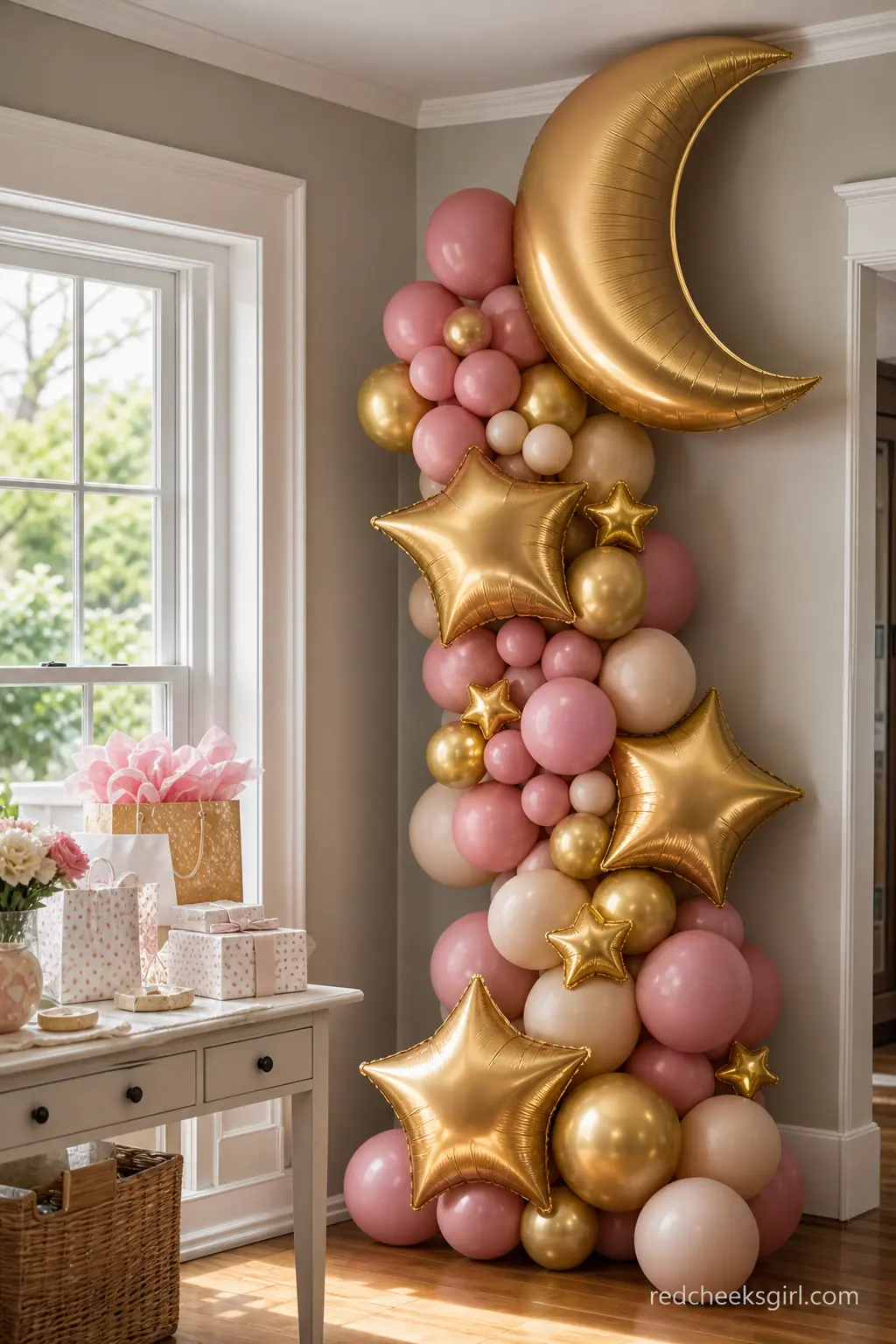 Moon and Star Balloon Cluster Corner — Dusty rose and gold balloons in moon and star shapes filling a room corner give a softer, less structured alternative to