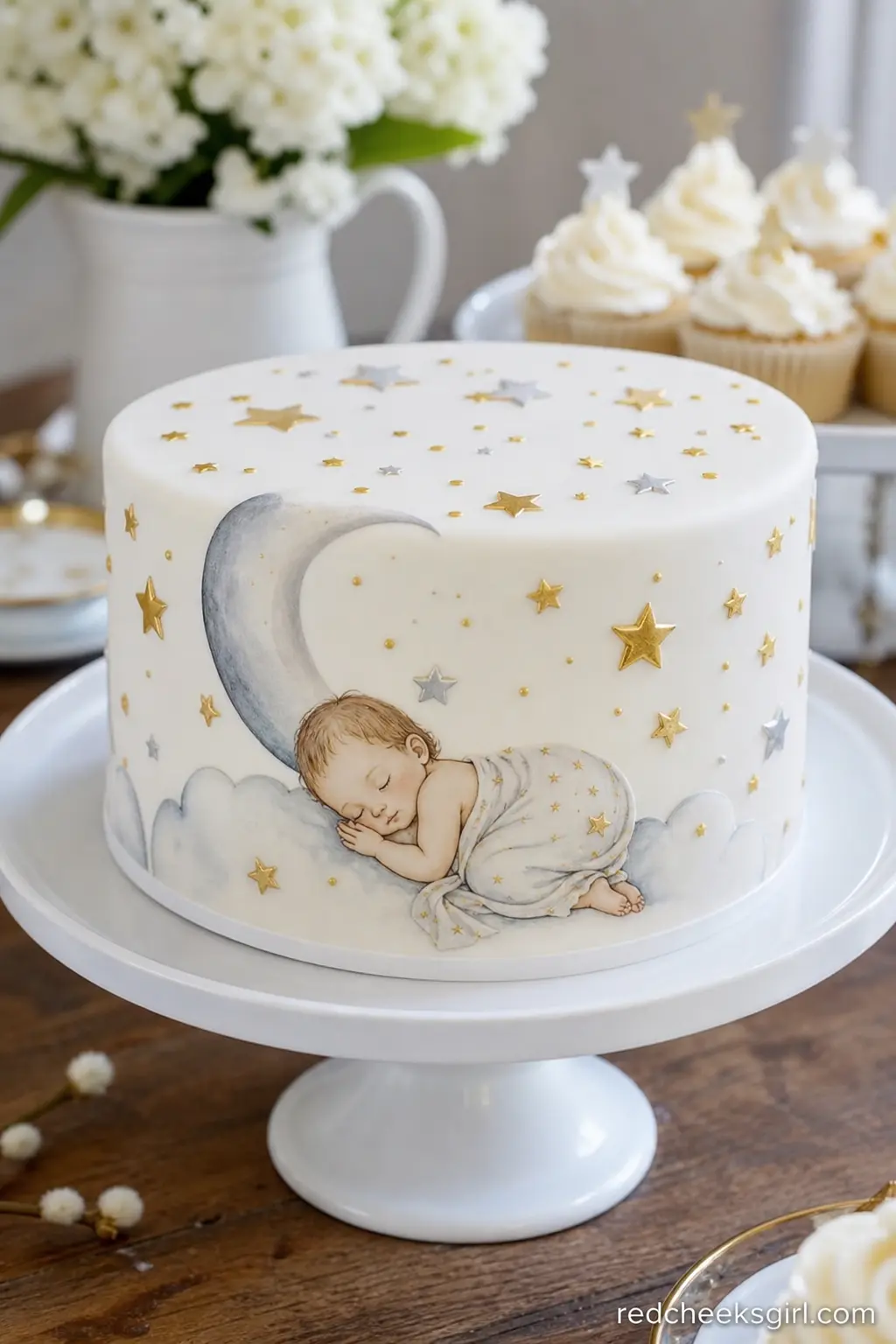 Sleeping Baby Under the Stars Cake — A white fondant cake painted with a sleeping baby curled beneath gold stars and a silver moon is the classic centerpiece