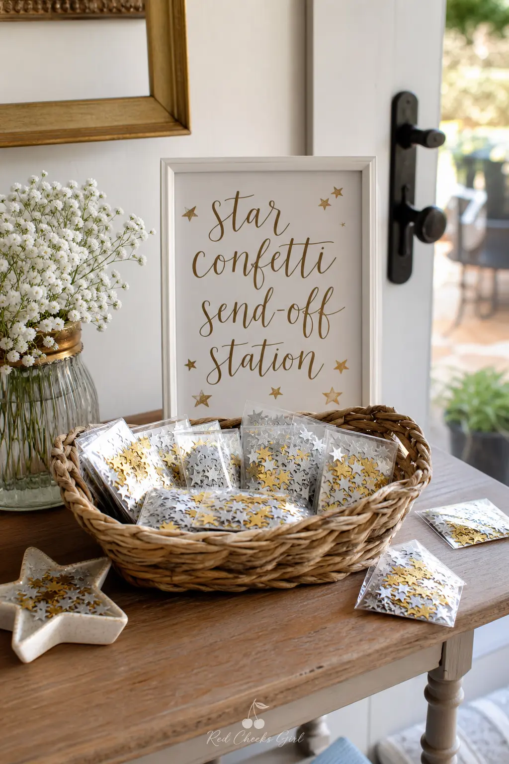 Star Confetti Send-Off Station — A small table near the door with packets of gold and silver star confetti gives departing guests one last on theme moment.