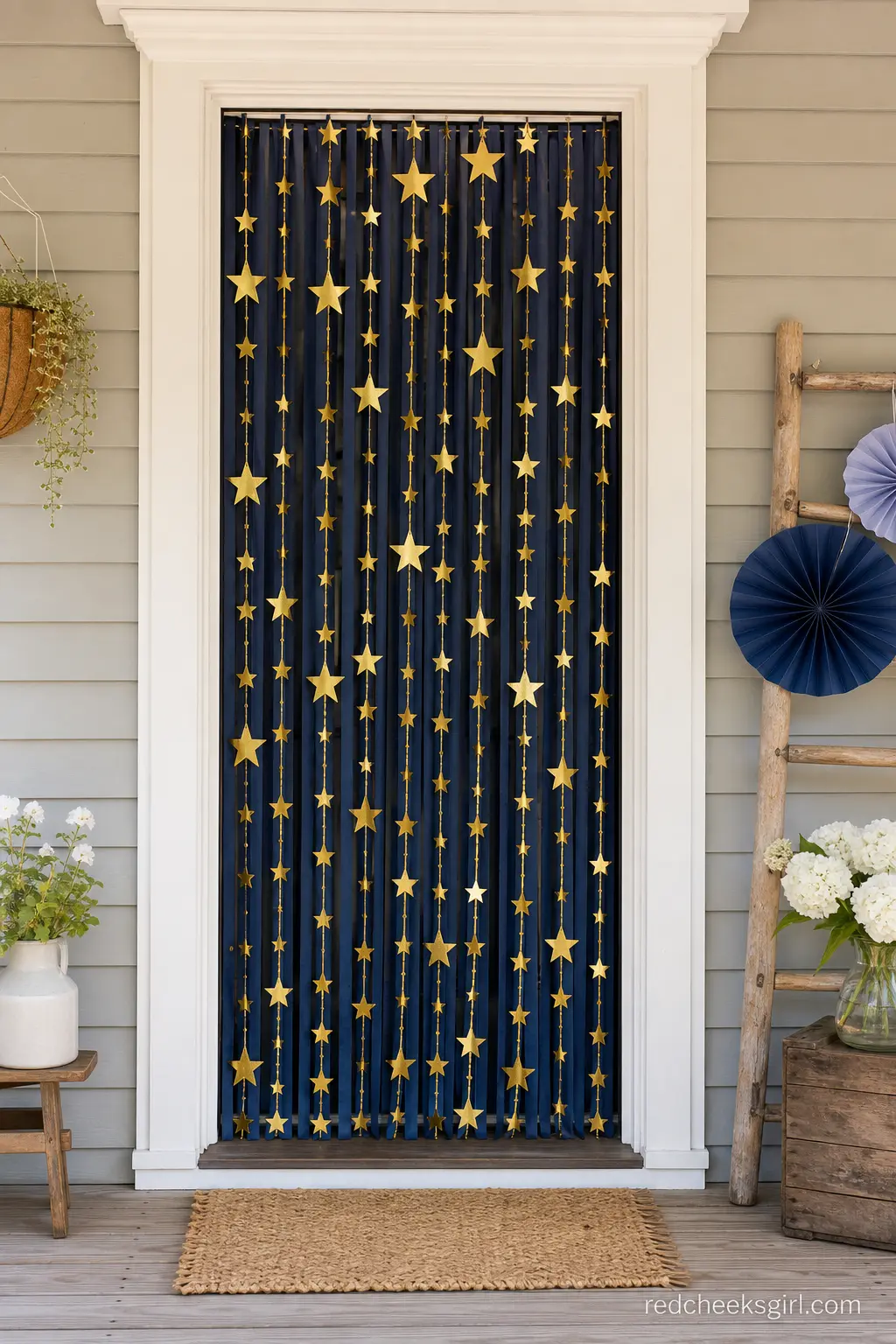 Starry Front Door Curtain — A floor length curtain of gold foil stars over navy fabric strands turns a plain front door into the first photo of the day.
