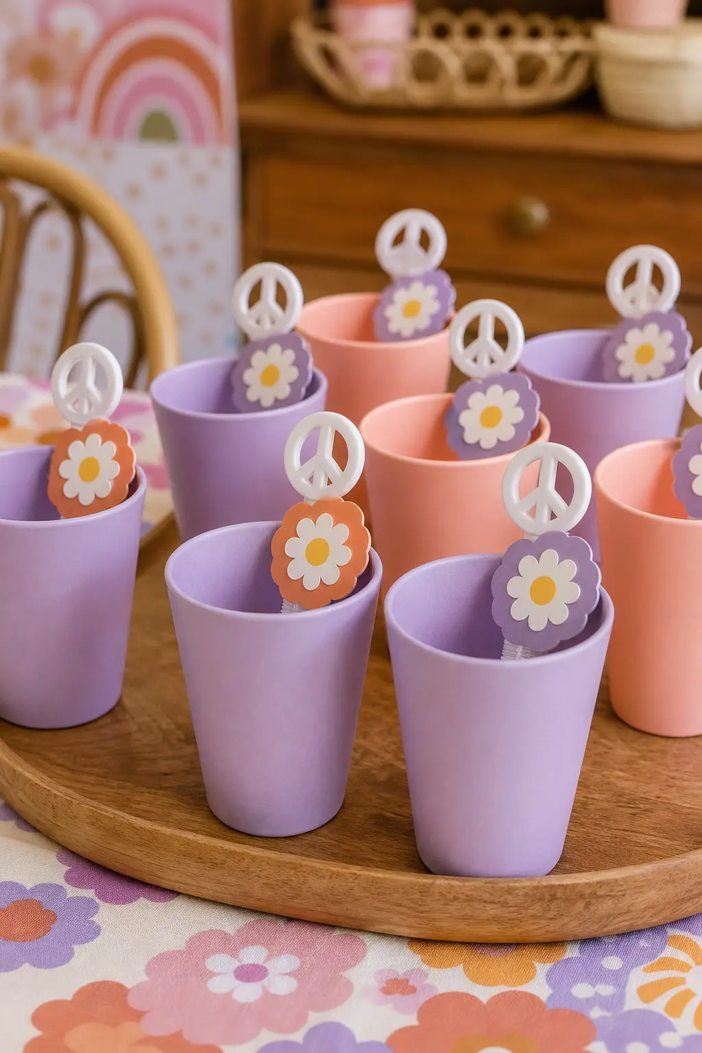 Bubble Wand Favor Cup — Small paper cups in lavender and peach, each holding a bubble wand and tagged with a daisy, give toddler guests an activity to start