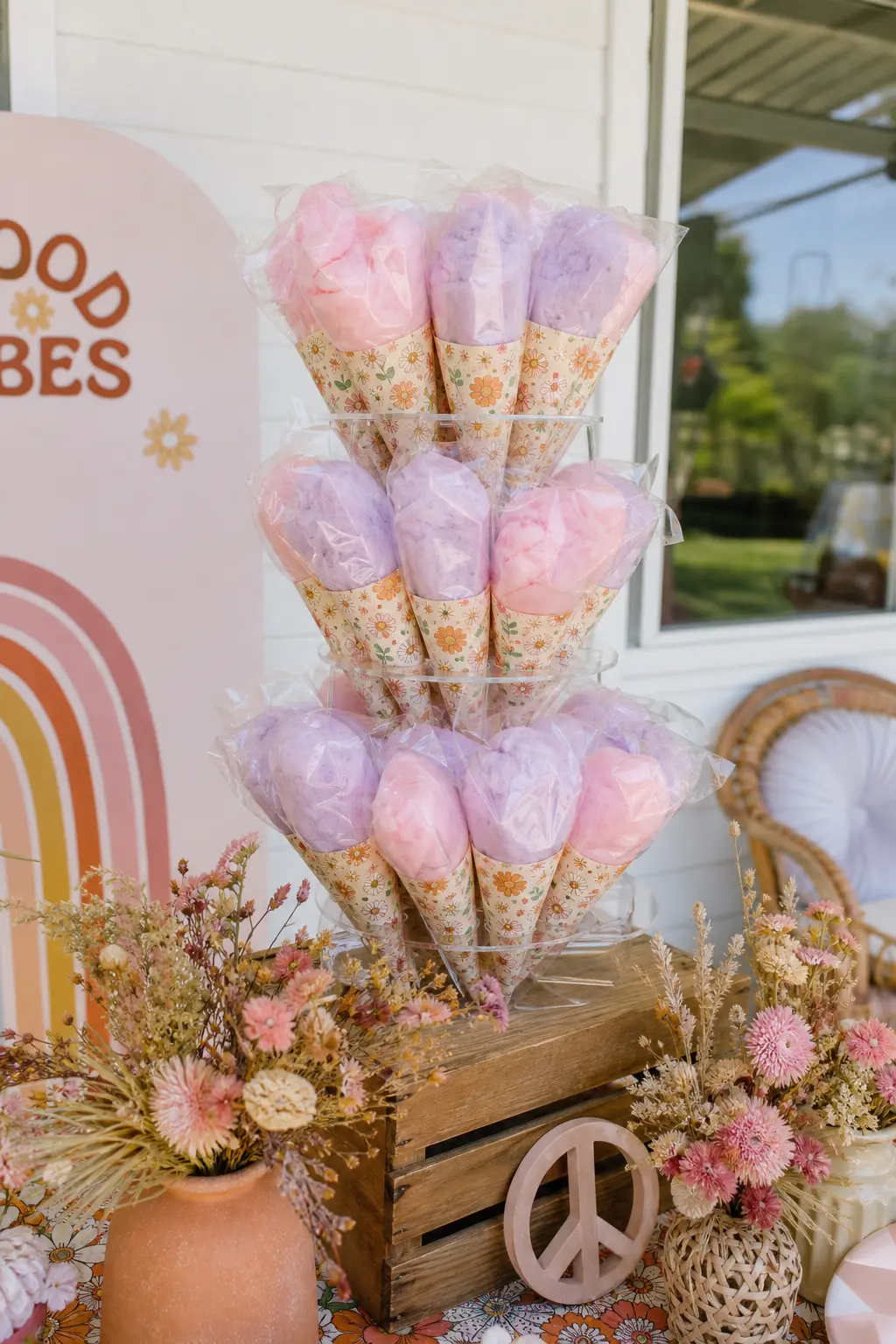 Cotton Candy Cone Dessert Stand — Pastel cotton candy wrapped in cellophane and stood upright in a clear tiered stand needs zero baking and looks like a