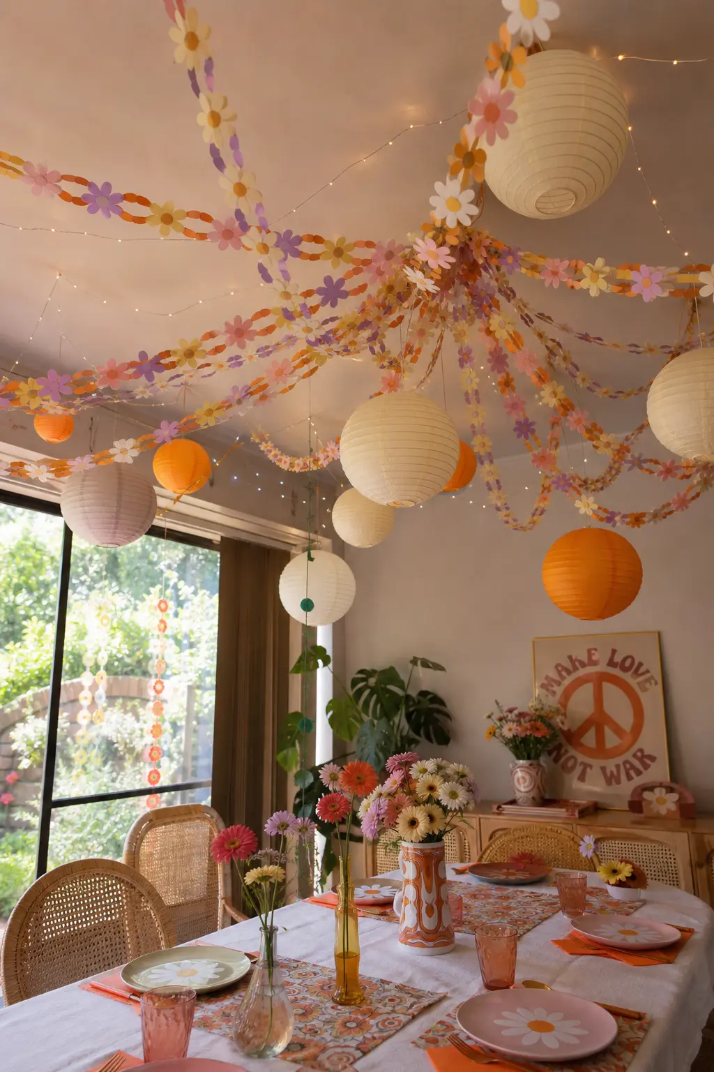 Daisy Chain Ceiling Installation — Paper daisy chains strung between round paper lanterns in cream and marigold, hung above the main table, fill the empty