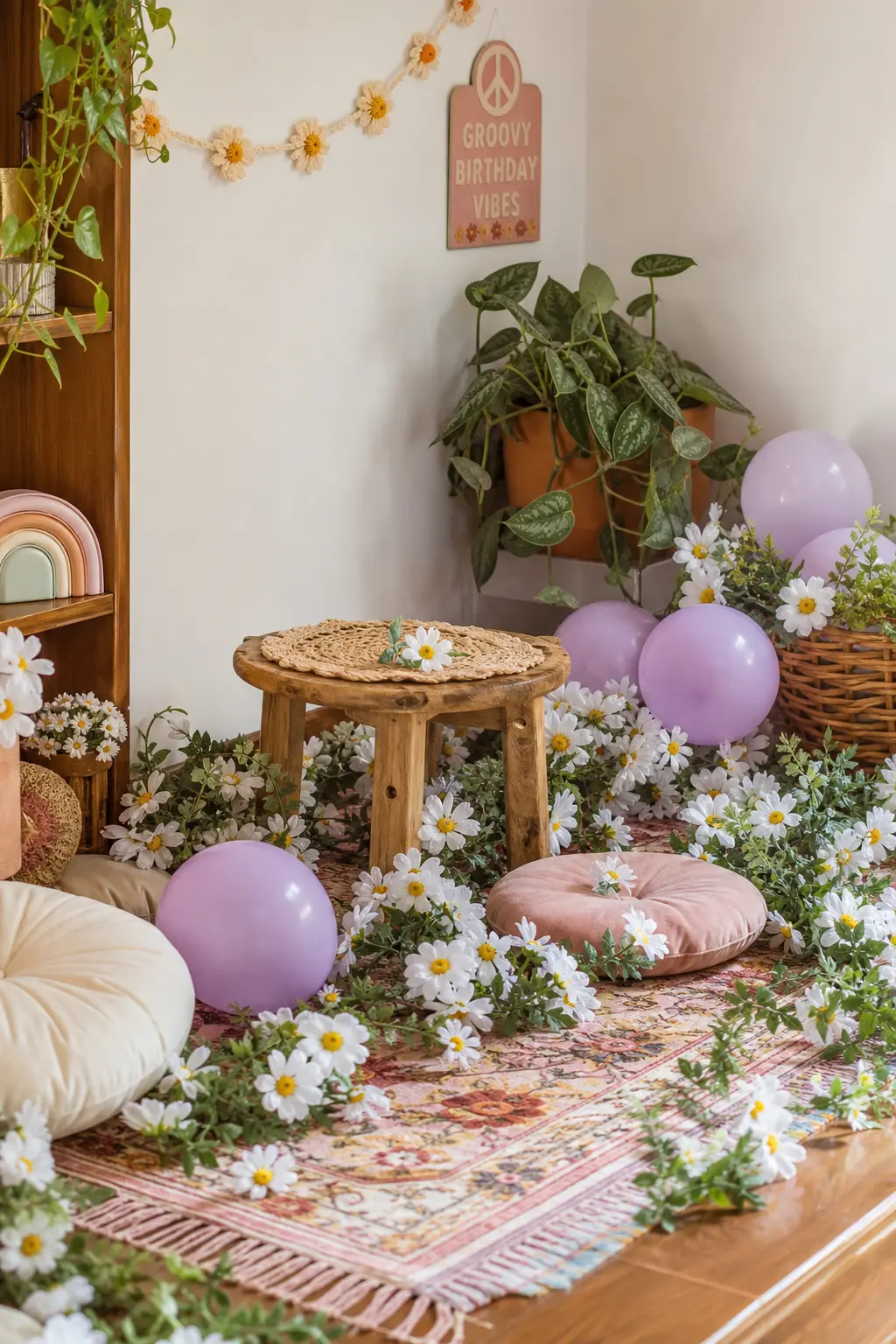 Daisy Meadow Floor Nook — A ground cover of faux daisies and greenery laid over a vintage rug turns any corner into a meadow moment. Two groovy birthday party
