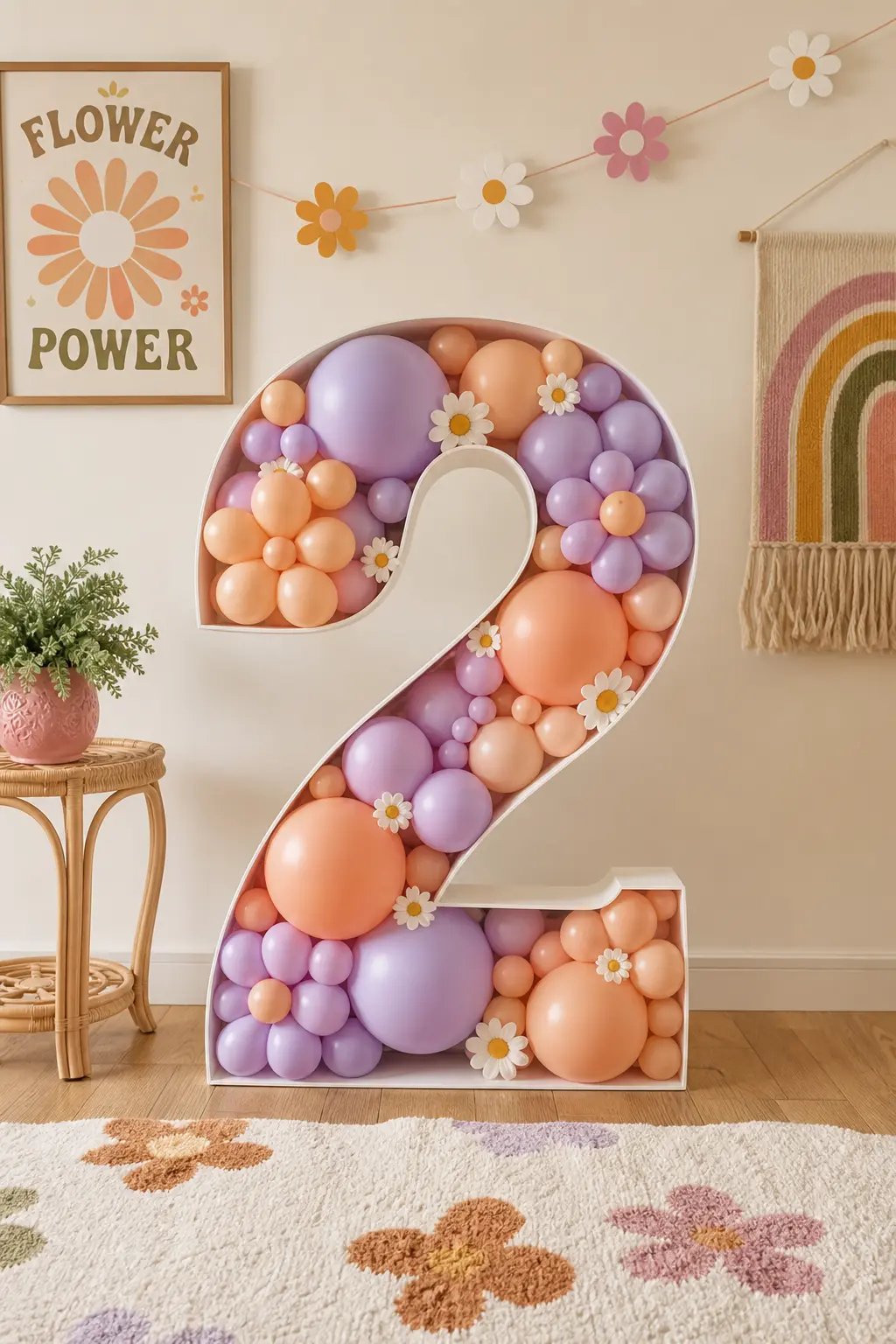 Giant Number Two Balloon Mosaic — A large foam number two frame filled edge to edge with lilac and peach balloons makes a single striking statement piece