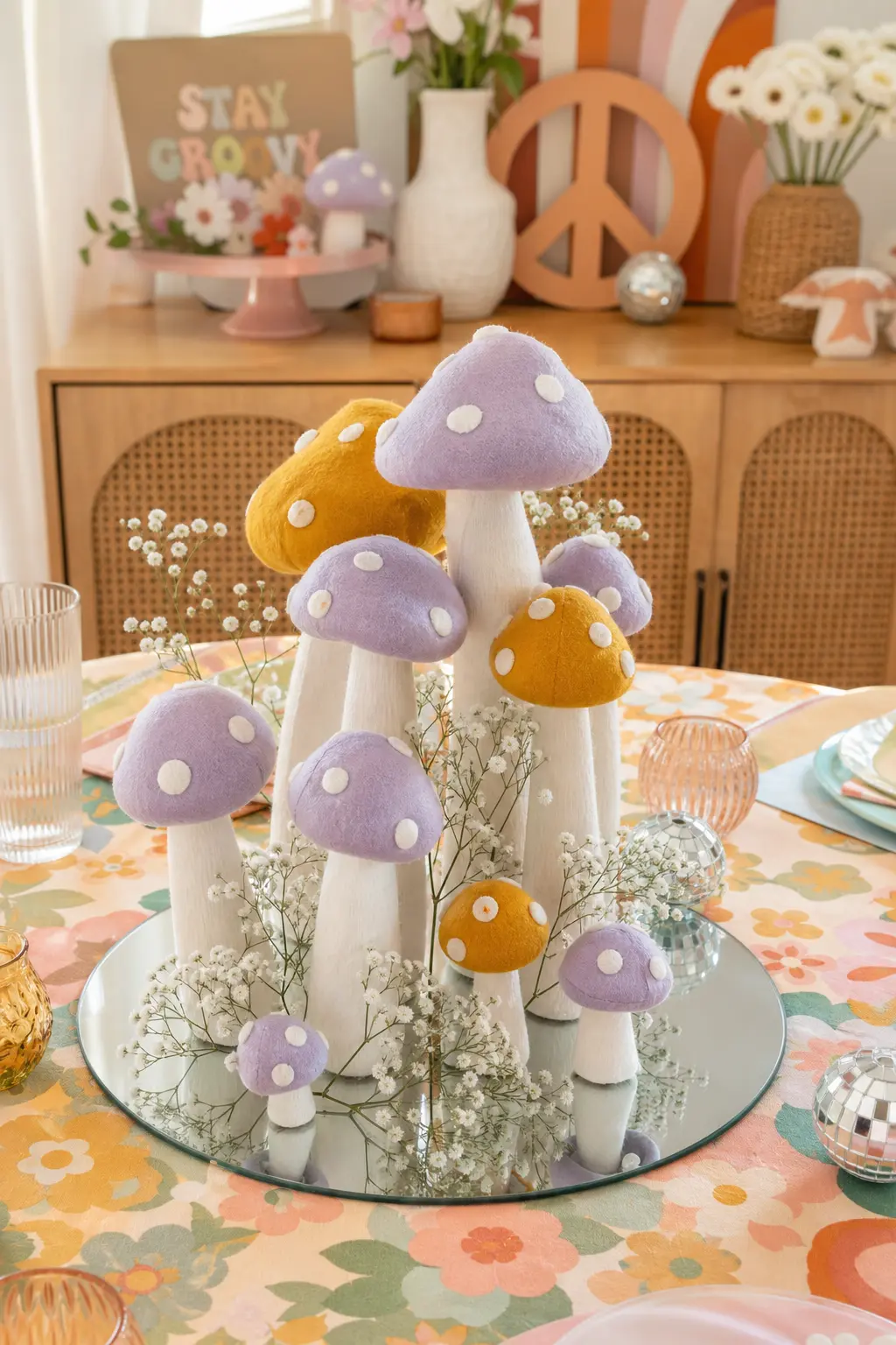 Groovy Mushroom Cluster Centerpiece — Felt or paper mache mushrooms in lilac and mustard clustered on a round mirror tray give the table a whimsical
