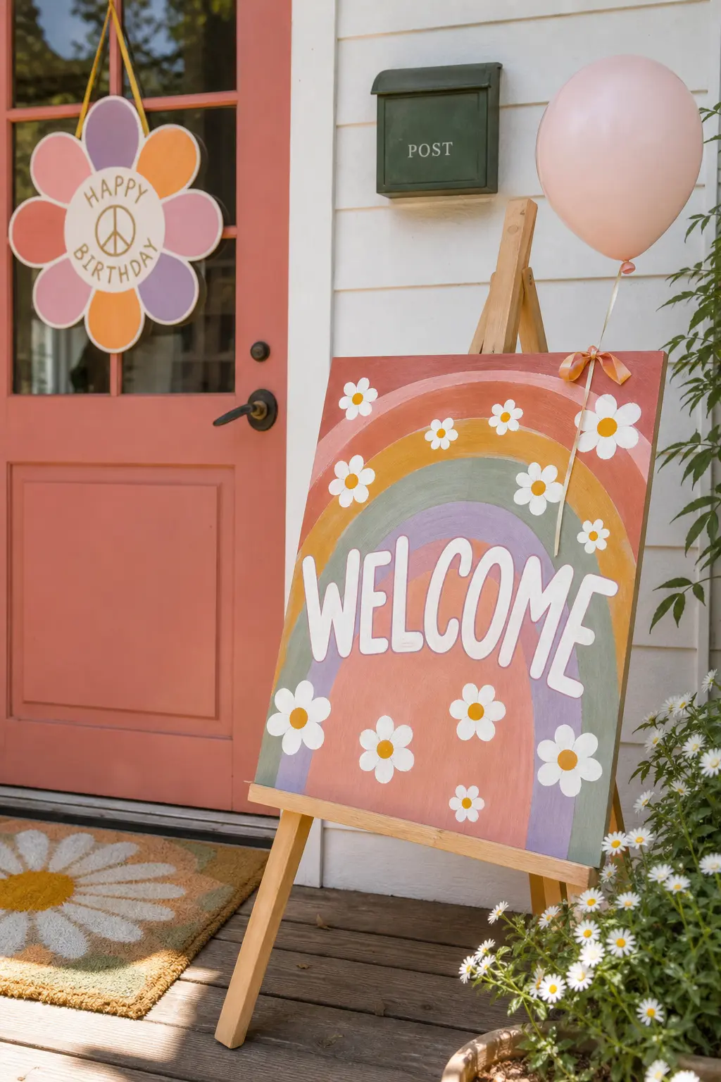 Hand Painted Daisy Rainbow Welcome Sign — A wooden easel sign painted with a simple rainbow arc and a scatter of daisies, leaning near the entrance with one