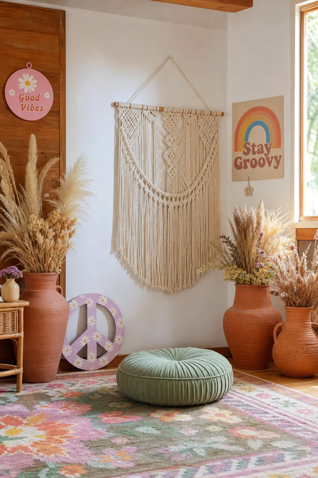 Macrame And Dried Bloom Wall — A single large macrame hanging with terracotta pots of dried pampas grouped beneath it fills a narrow wall with texture rather