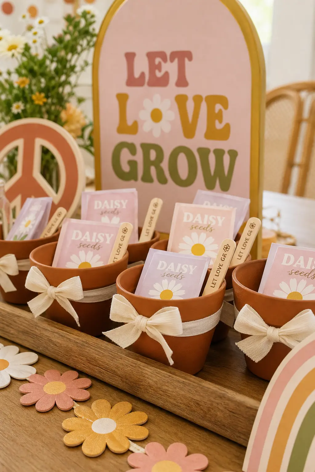 Mini Terracotta Seed Packet Favor — Small terracotta pots wrapped with a cream ribbon, each holding a daisy seed packet and a tiny wooden plant marker, cost