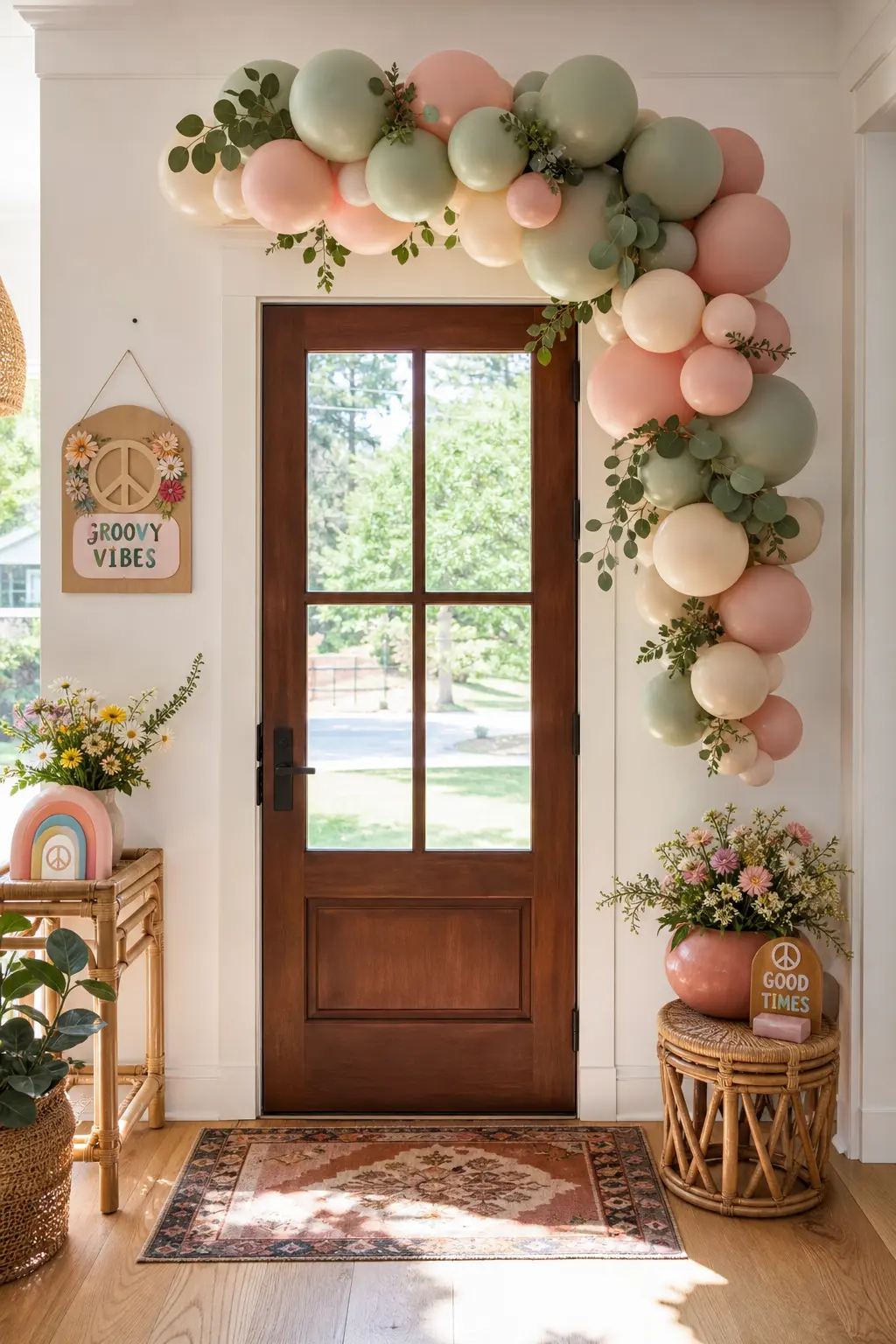 Organic Garland Over Entry Door — An organic balloon garland in sage, blush and cream draped loosely over the entry door signals the party before guests even