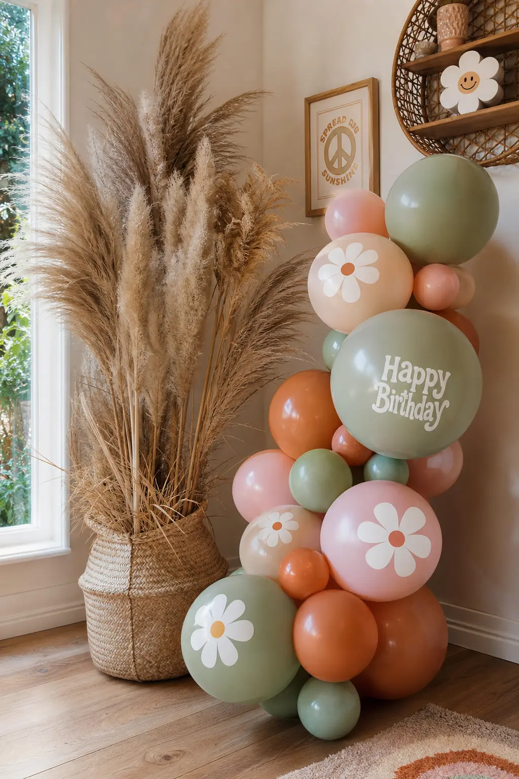 Pampas And Balloon Floor Cluster — A floor standing balloon cluster in terracotta and sage, placed beside tall pampas grass stems gathered in a woven basket