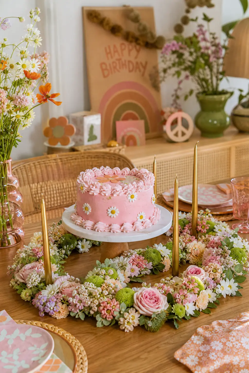 Peace Sign Bloom Riser — A flat wreath of sage and blush blooms shaped like a peace sign laid under the cake stand acts as a riser and a floral moment in one.
