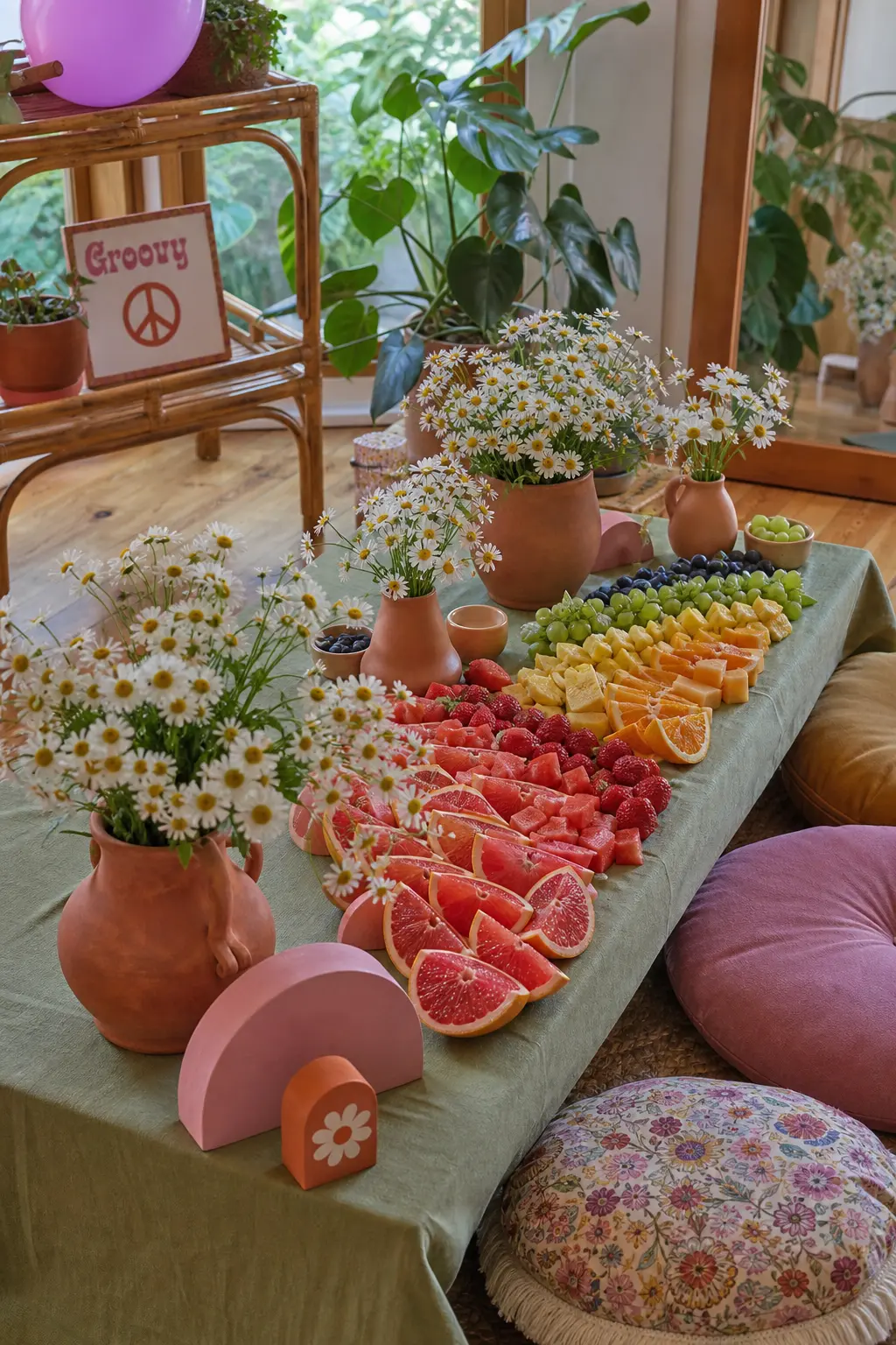 Rainbow Fruit And Daisy Centerpiece Table — Fresh fruit sliced and lined into coral and marigold rainbow rows costs less than a dessert table and needs no