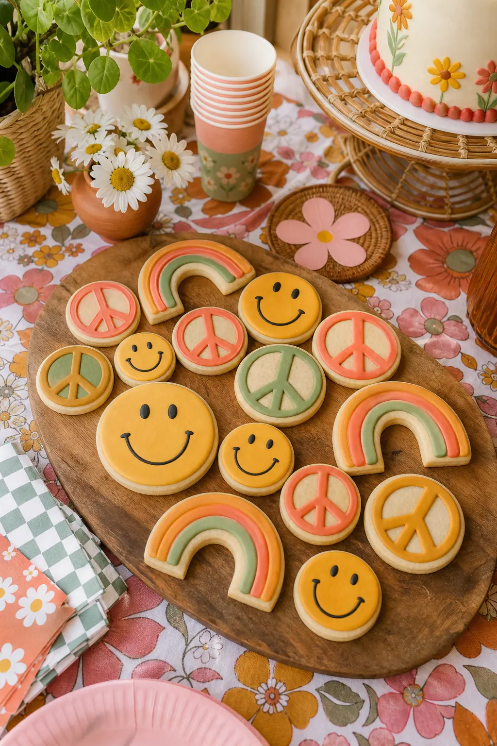 Retro Motif Cookie Platter — Iced cookies shaped like peace signs, rainbow arcs and smiley faces in coral, mustard and sage do more theme signaling per square