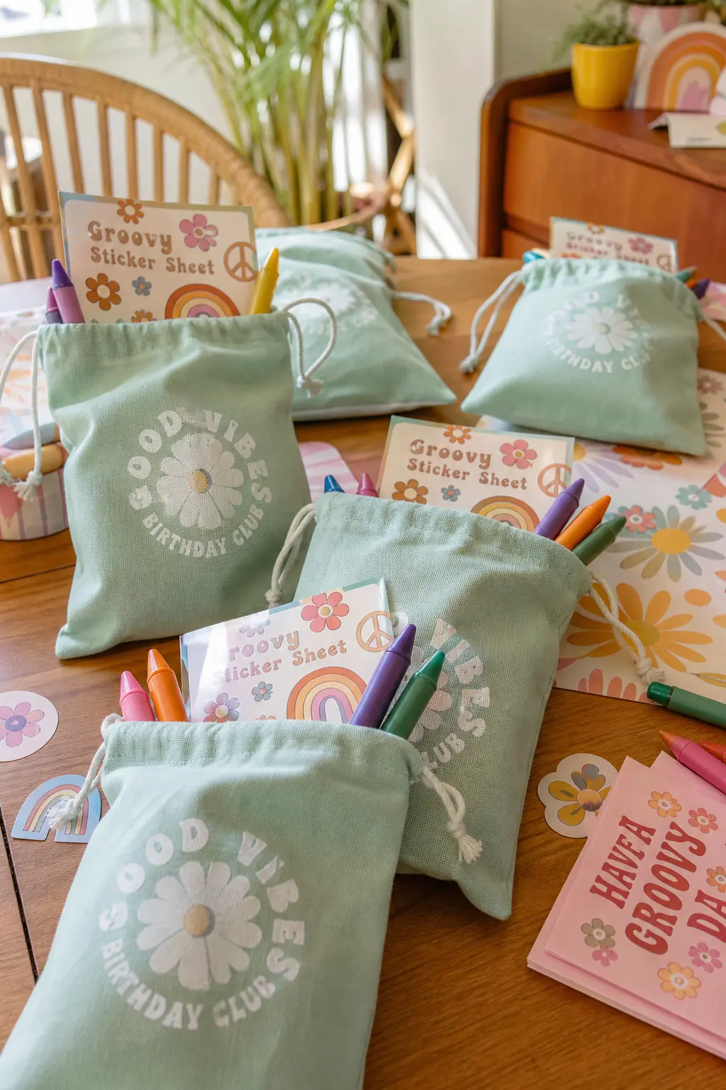 Retro Sticker Crayon Favor Bag — Small mint cloth drawstring bags filled with retro sticker sheets and a handful of chunky crayons give toddler guests