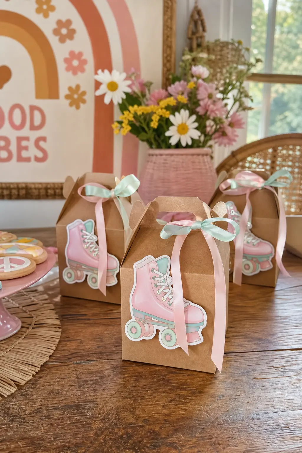 Roller Skate Cookie Favor Box — Kraft favor boxes decorated with a roller skate motif in pink and mint, tied with pastel ribbon and filled with a couple of