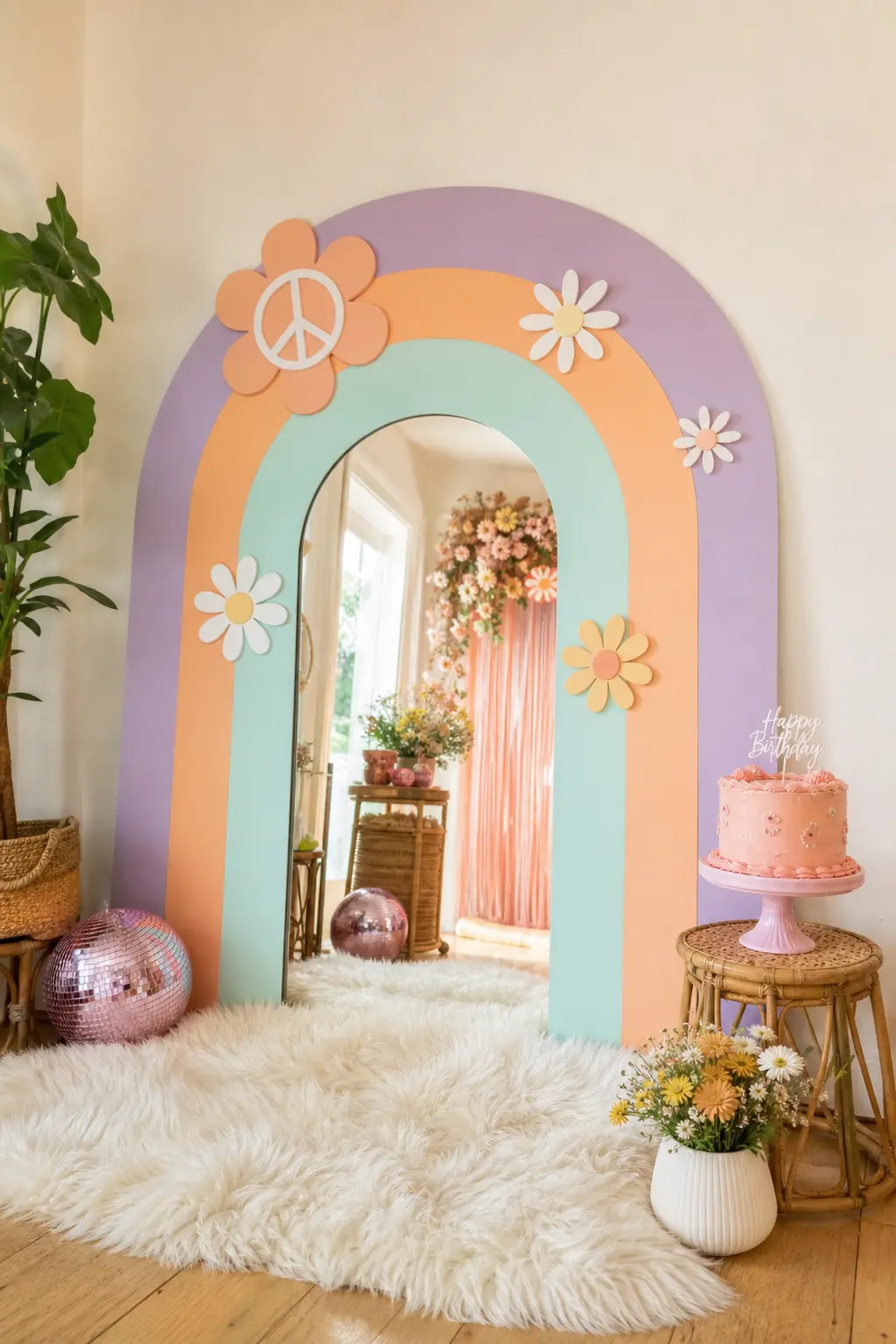 Round Mirror Rainbow Arch Nook — A painted plywood rainbow arch in lavender, peach and mint leaning against the wall behind a round floor mirror and a faux fur