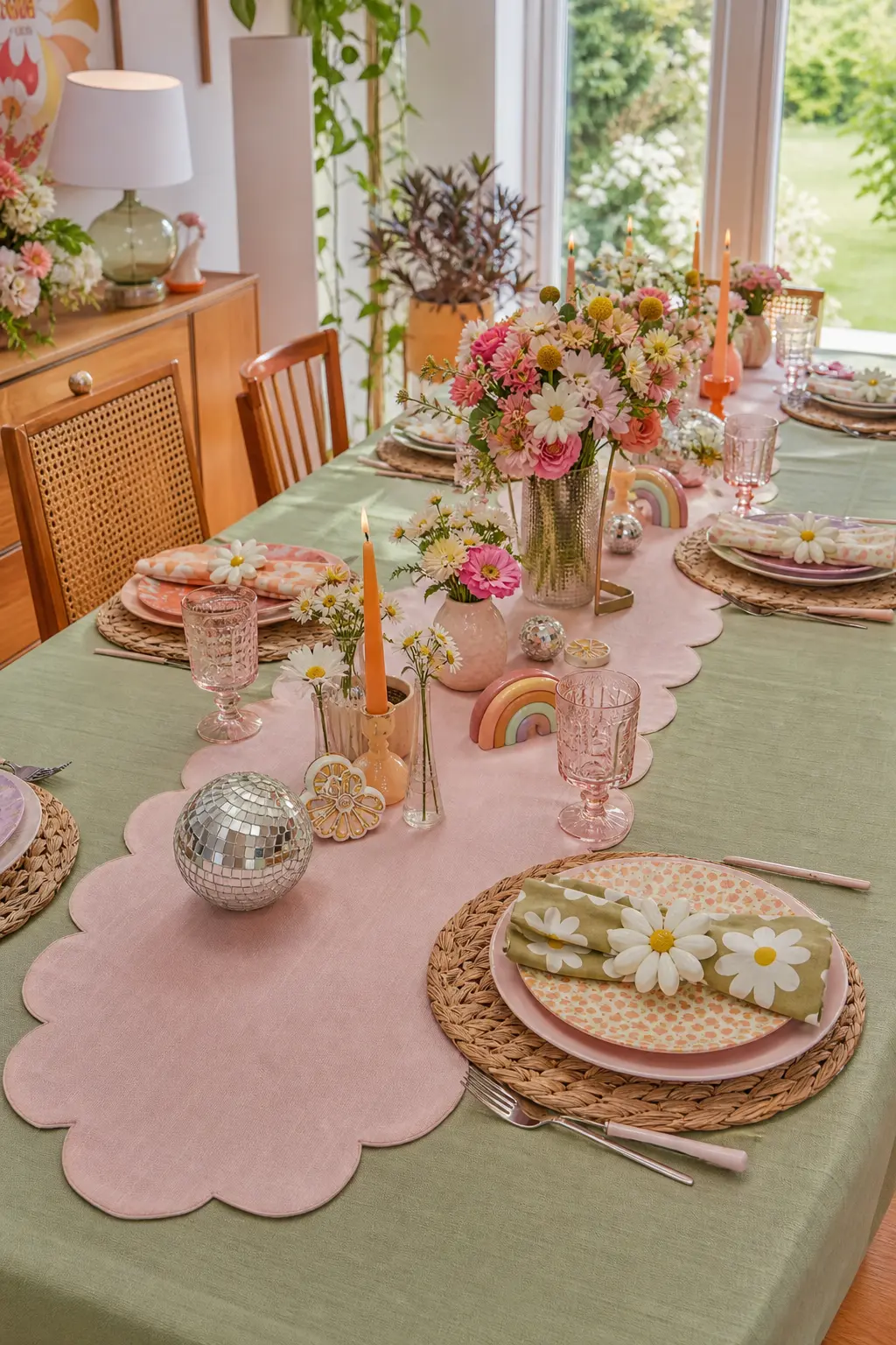 Scalloped Runner Table Setting — A blush scalloped edge runner laid over a sage cloth, with woven placemats and daisy shaped napkin rings, gives the table a