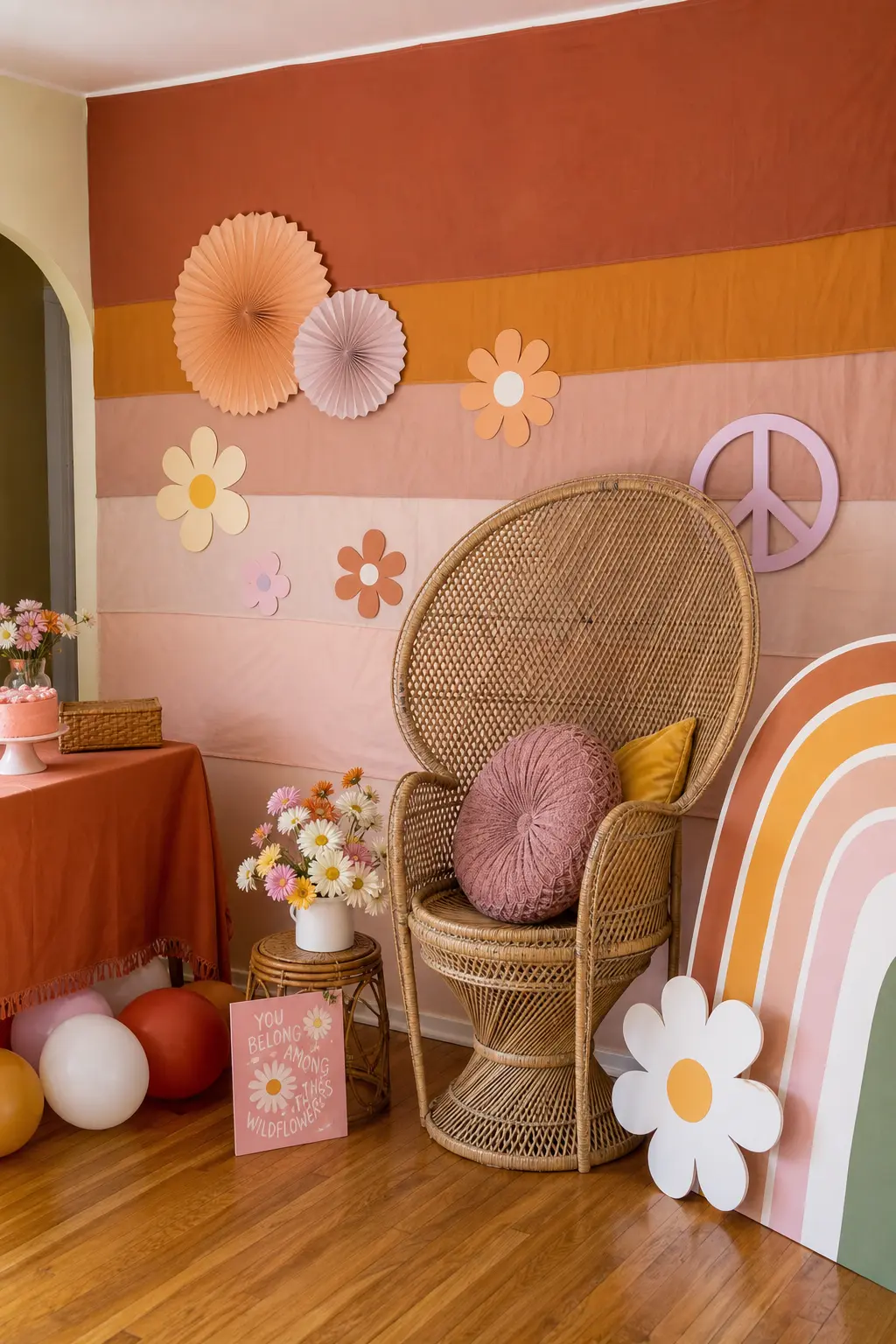 Sunset Stripe Mural Corner — Layered horizon stripes in terracotta, marigold and blush, painted on butcher paper or hung as fabric, give the photo corner a