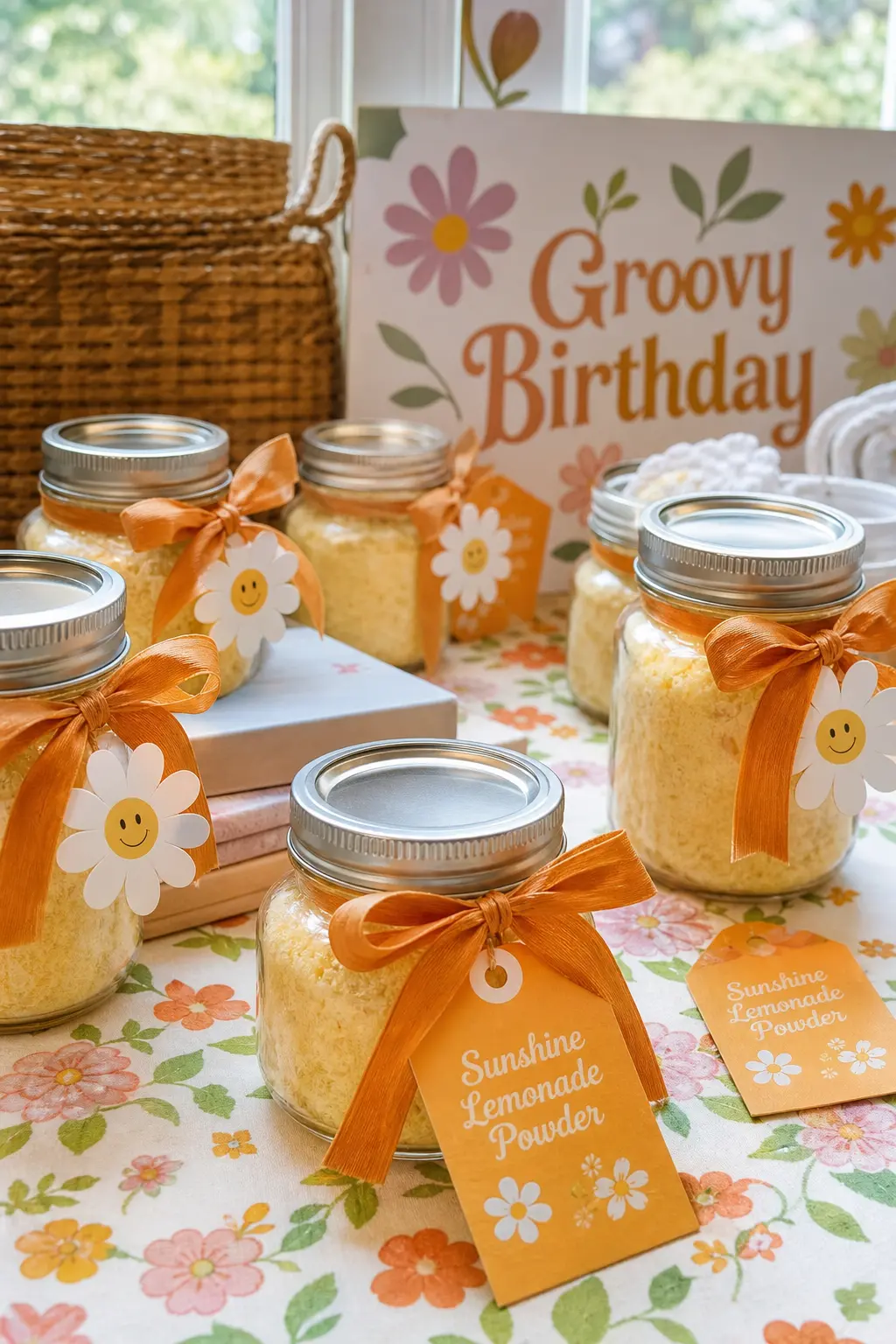 Sunshine Lemonade Powder Jar — Small mason jars filled with lemonade powder, tagged with a daisy sticker and tied with marigold ribbon, give parents something