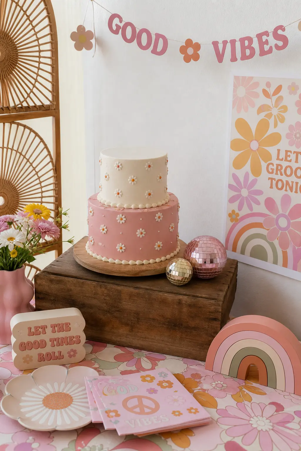 Two Tier Daisy Cake Tower — A dusty pink and cream two tier cake piped with simple daisy dots reads as bakery made even from a box mix. Two groovy birthday
