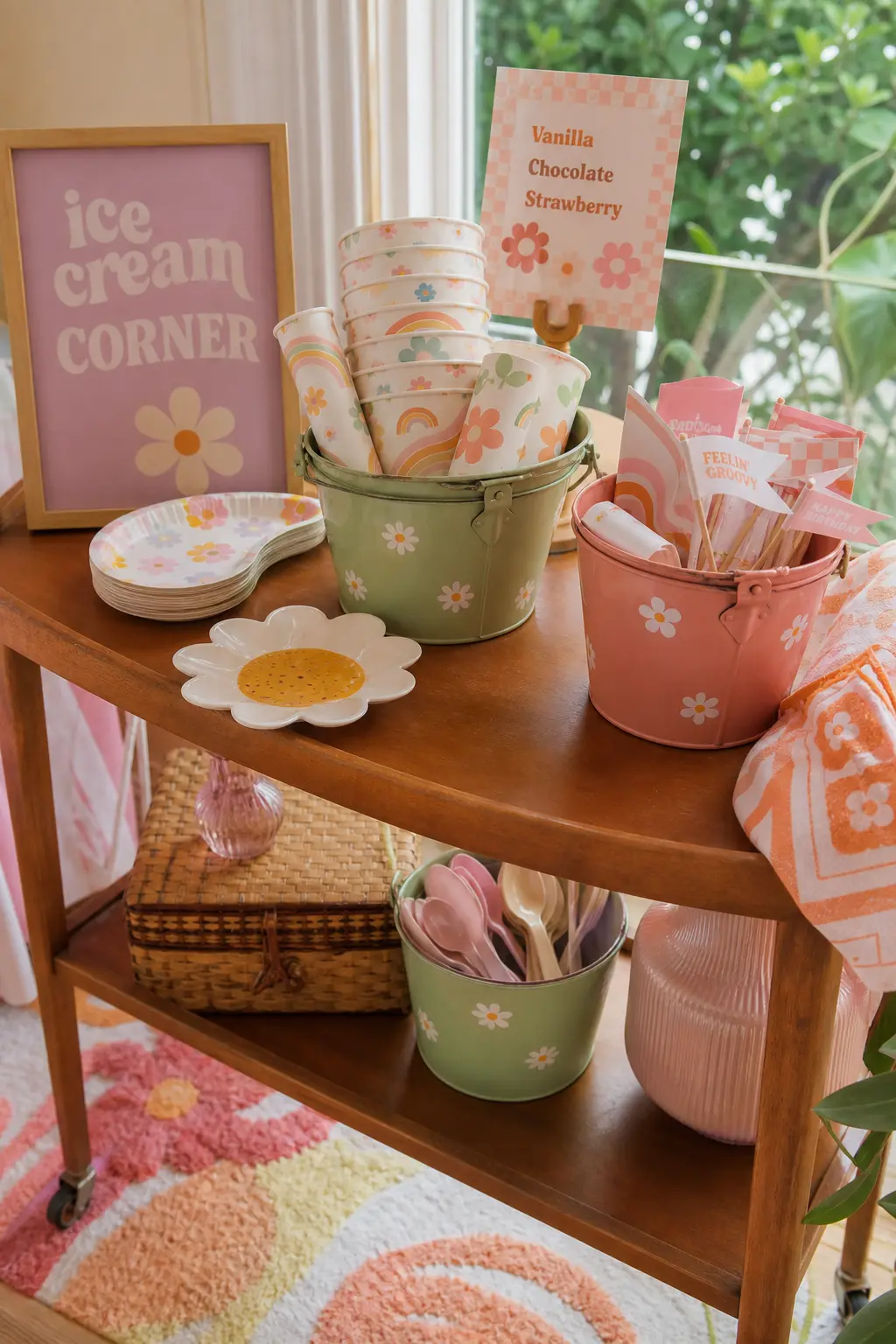 Vintage Tin Bucket Ice Cream Corner — A small cart or side table set with tin buckets of ice cream cups, colorful scoops peeking out and small paper flags