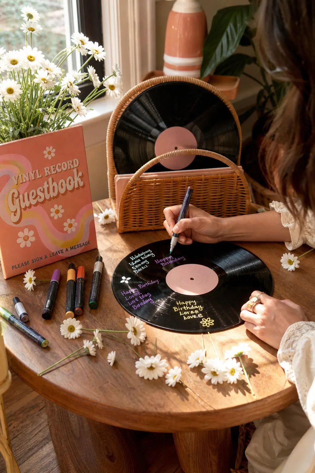 Vinyl Record Guest Keepsake Station — A round mirror or an old vinyl record set on a small table, alongside paint pens and a scatter of loose daisies, gives